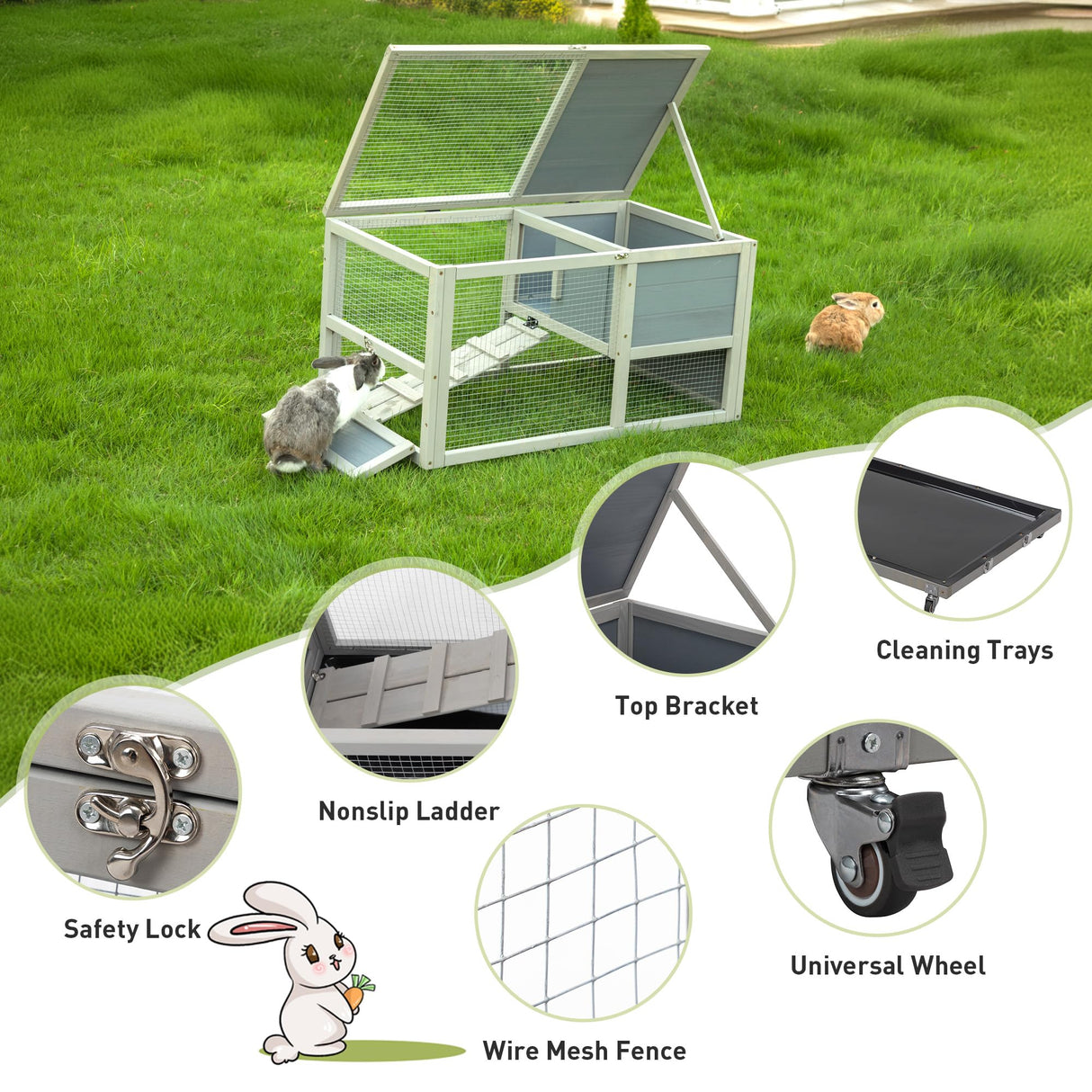 COZIWOW Fashion Wooden 36Inches Rabbit Hutch Outdoor with Wheels Bunny Cage Indoor Durable Rabbit Cage with Removable Tray, Openable Roof, Anti-Slip Ramp for Small Bunny Rabbit (Grey) COZIWOW
