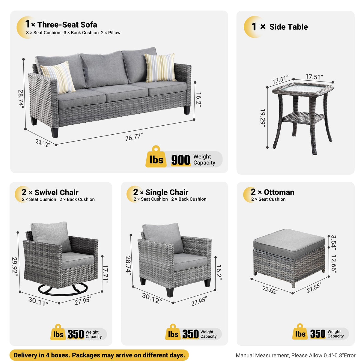 ovios Patio Furniture Set, 8 Piece Outdoor Wicker Sofa with Swivel Rocking Chairs and Comfy Cushions, High Back Rattan Couch Conversation Set, Dark Grey ovios