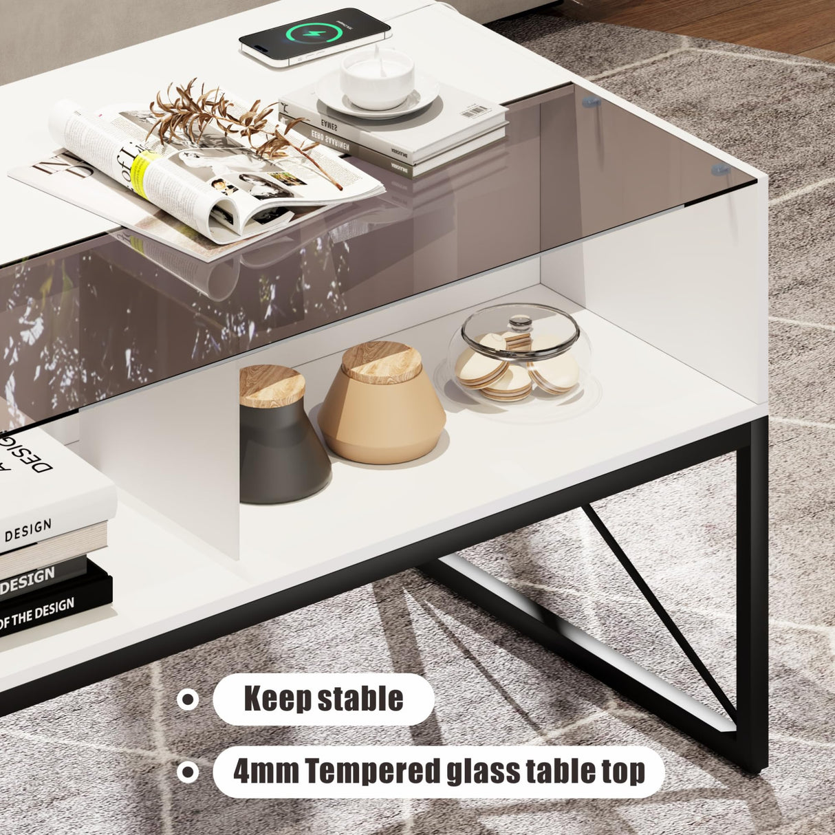 Glass Coffee Tables for Living Room, Grey Mid Century Modern Coffee Table with Storage, Smart Led Light Wood Coffee Table(White) HWB