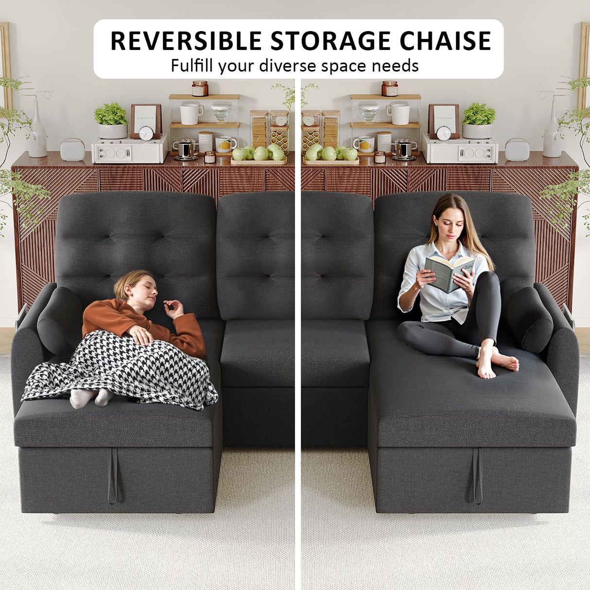 Ucloveria Sleeper Sofa Bed, 86" Convertible Sectional Sofa Couches for Living Room, Pull Out Couch Bed with Reversible Storage Chaise | USB Ports | Side Pockets | Removable Backrest Ucloveria