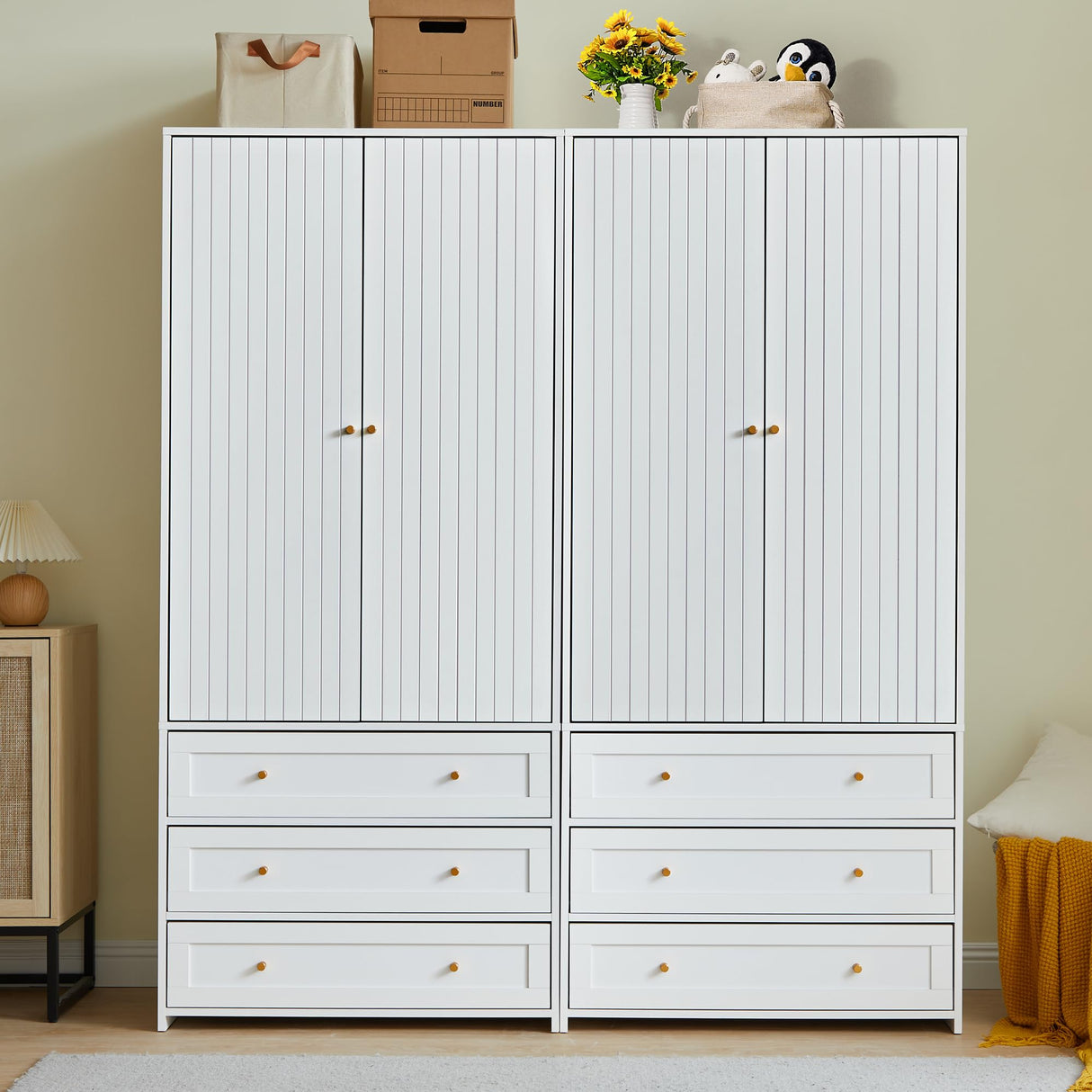 PHOYAL Wardrobe Closet Armoire, 71 "Wardrobe Armoire Wooden Closet with 4 Doors, 6 Drawers Household Freestanding Wooden Closet Storage Cabinet for Bedroom, White - 2 PHOYAL