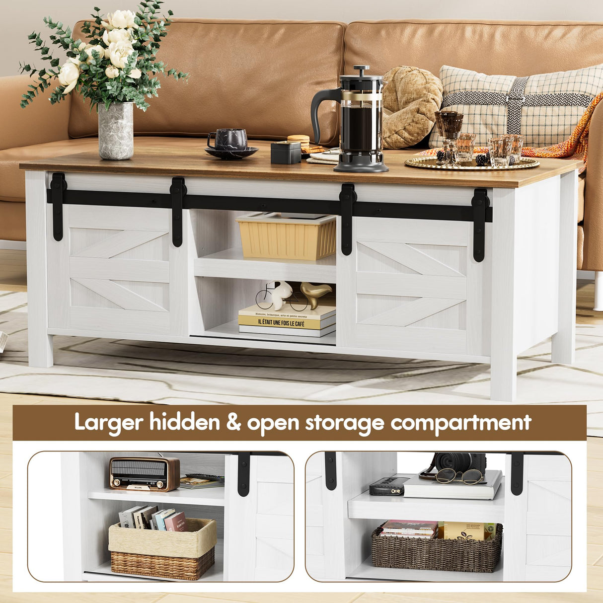 JUMMICO Farmhouse Coffee Table with Storage & Sliding Barn Doors, Modern Rustic Living Room Table with Adjustable Shelves, Wooden Rustic Center Table for Living Room (Antique White) JUMMICO