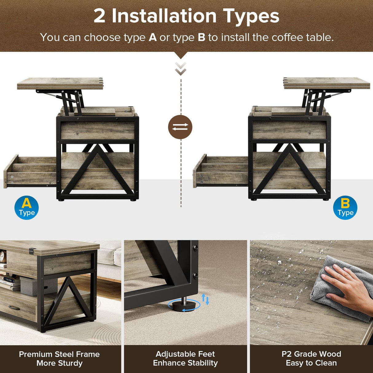 Memobarco 40" Lift Top Coffee Table,4 in 1 Multi-Function Lift Coffee Tables with Storage Drawers and Hidden Compartmen,Farmhouse Coffee Table with Lifting top for Living Room,Grey Memobarco