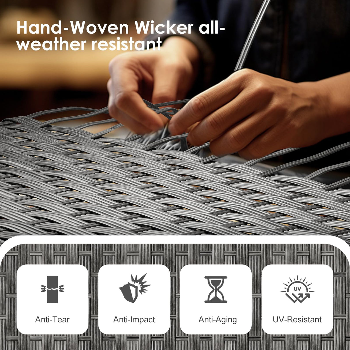 ABCASA 9-Piece Half Moon Patio Furniture Set with 44" Fire Pit Table, Curved Outdoor Sofa Set w/Thick Cushion & Wedge Side Table, Wicker Patio Sectional Conversation Sets for Porch,Backyard (Grey) ABCASA