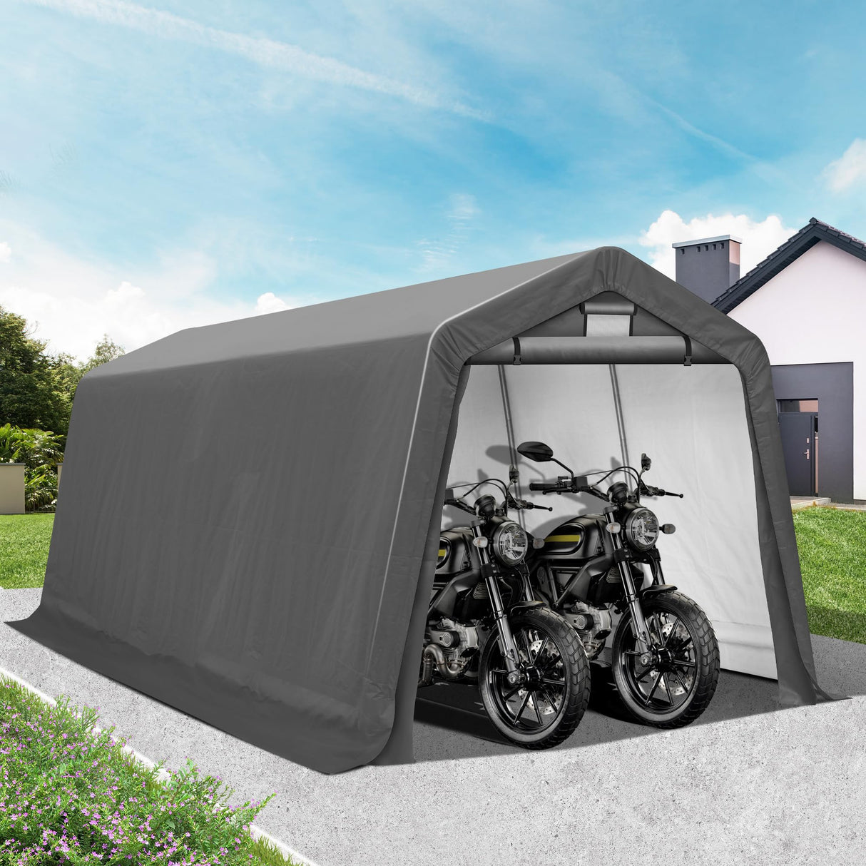 GARTOO 8' x 14' Outdoor Storage Shelter Shed- Heavy Duty Storage Tent with Roll-up Ventilated Windows, Portable Garage Zipper Storage shed for Bike, ATV, Motorcycle Shelter, Gray GARTOO
