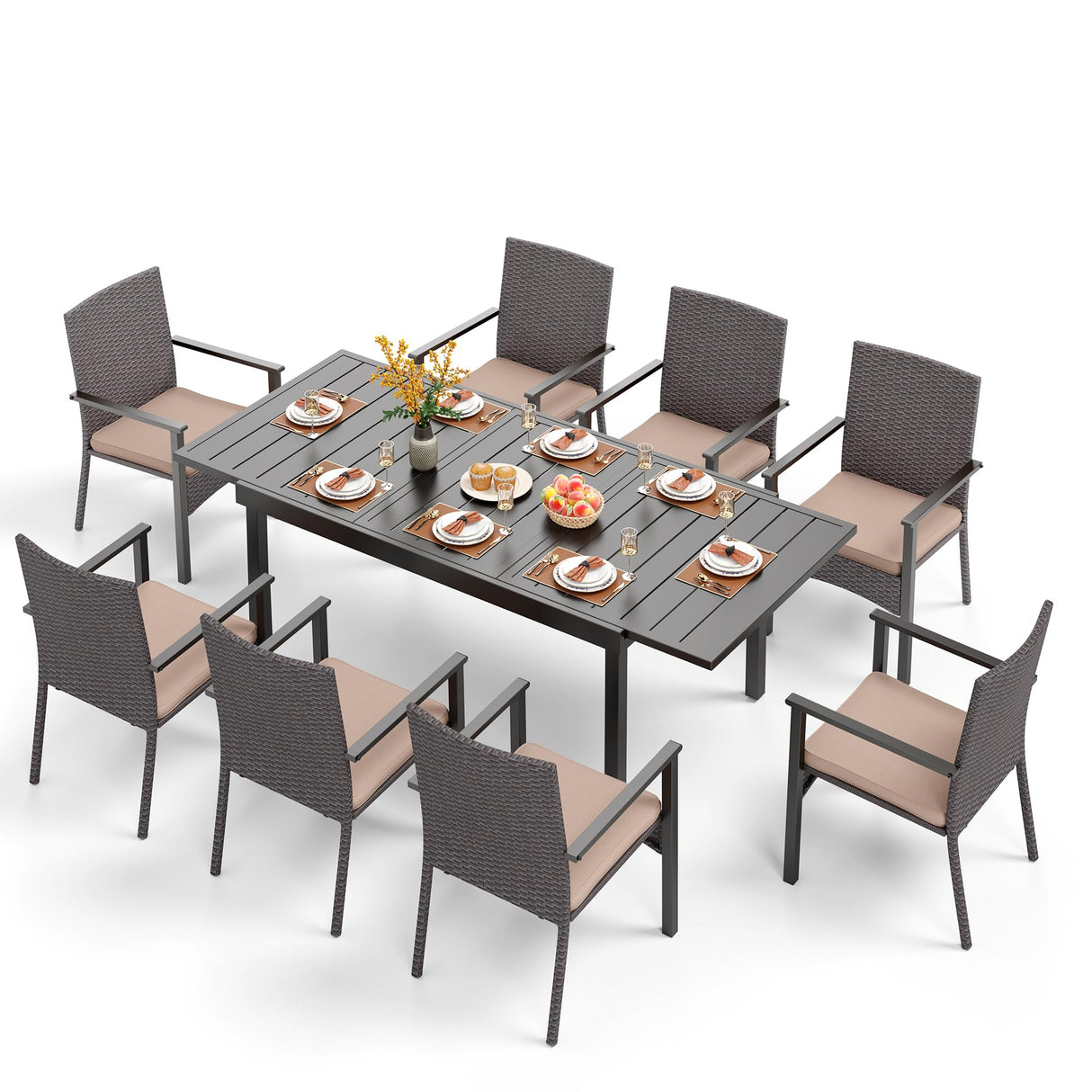 PHI VILLA 9 Piece Outdoor Dining Set for 8, Expandable Metal Dining Table & Cushioned Rattan Chairs for Patio, Deck, Yard PHI VILLA