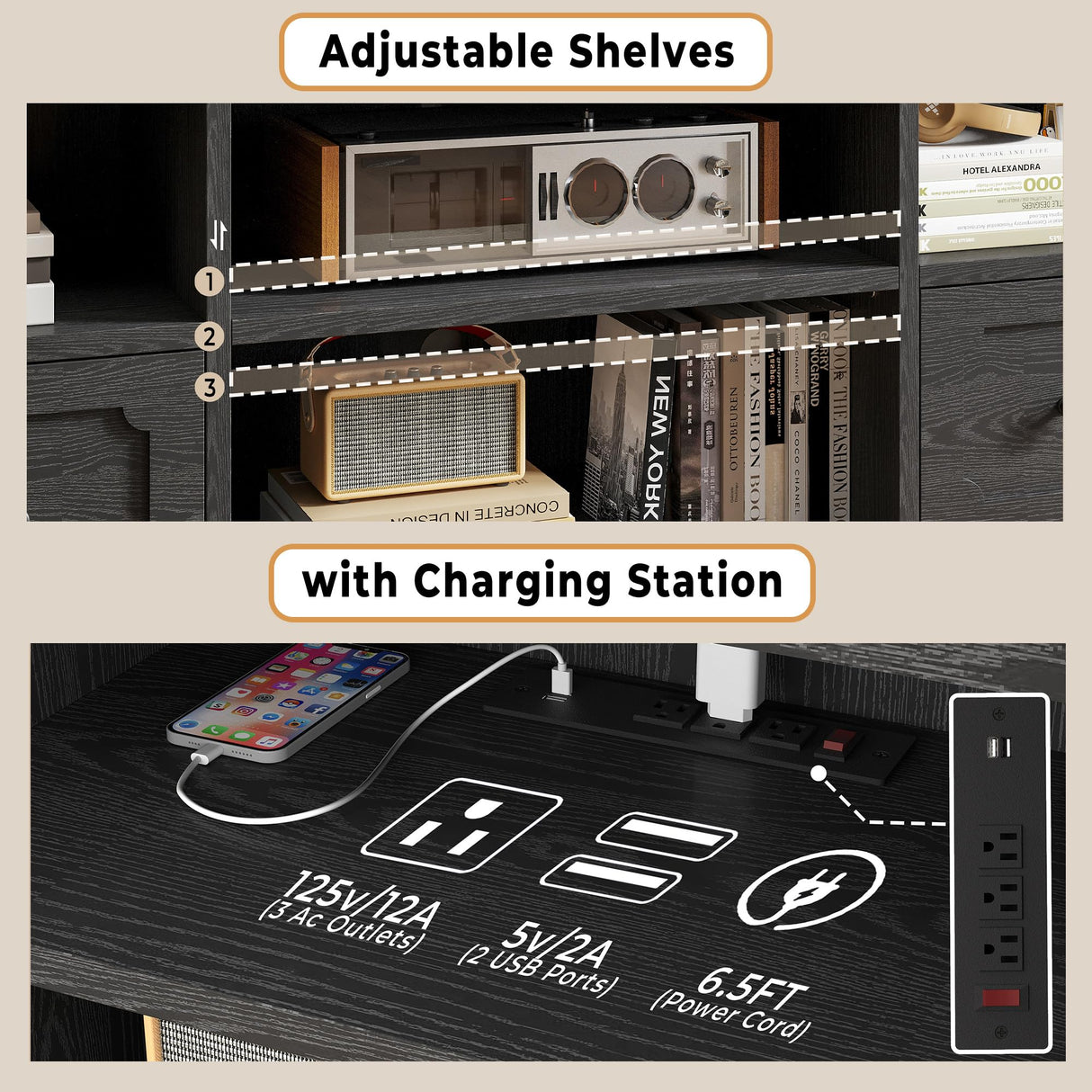 IRONCK TV Stand for 65 Inch TV, 55" LED Entertainment Center with Storage Cabinets, Power Outlets and Open Shelf, Media Console TV Cabinet with Drawers for Living Room, Black IRONCK