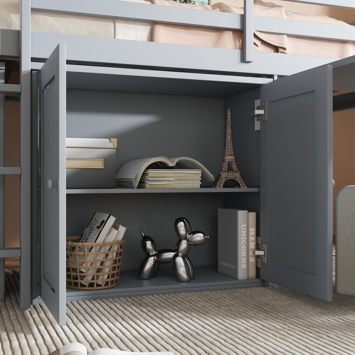 Low Loft Bed with Storage & Rolling Out Desk, Kids Twin Size Loft Beds with Cabinet & Drawers, Rubber Wood Junior Lofts Bed with Dresser/Ladder/Guardrails for Boys Girls Teens, Gray Duxelifin