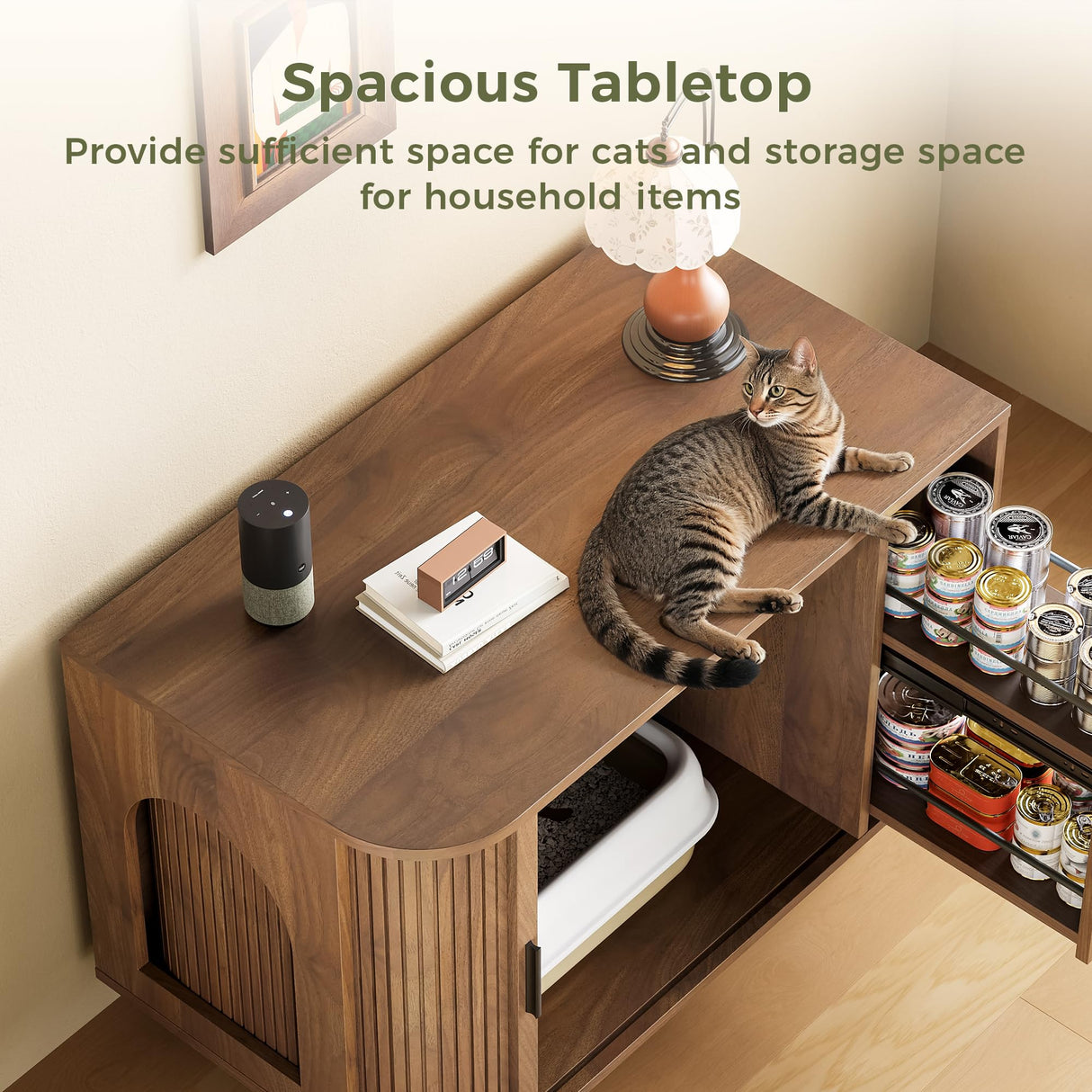 IRONCK Cat Litter Box Enclosure with Sliding Tambour Door, Wooden Litter Box Enclosure Furniture with 2-Layer Drawer, Hidden Cat House, Side End Table for Living Room, Brown IRONCK