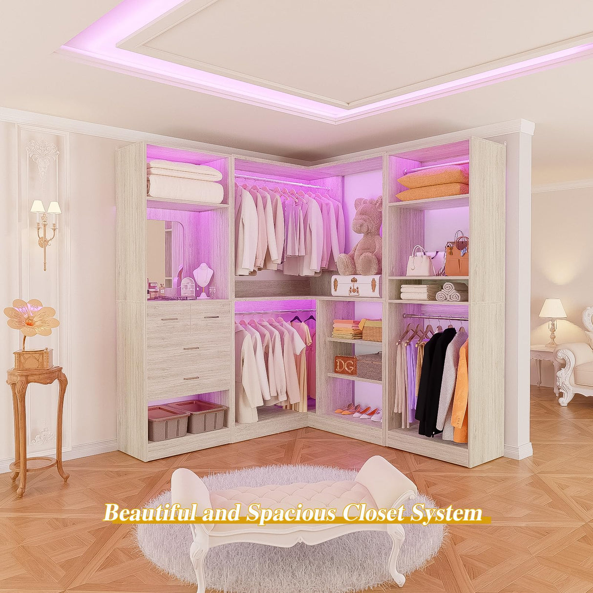 Unikito 86 Inch Closet System, 3 Sets Corner Closets Organizer with Hanging Rods and Mirror Design, Freestanding Adjustable Wood Clothes Garment Rack with Drawers, Sturdy Walk in Closet Kit, White Oak Unikito