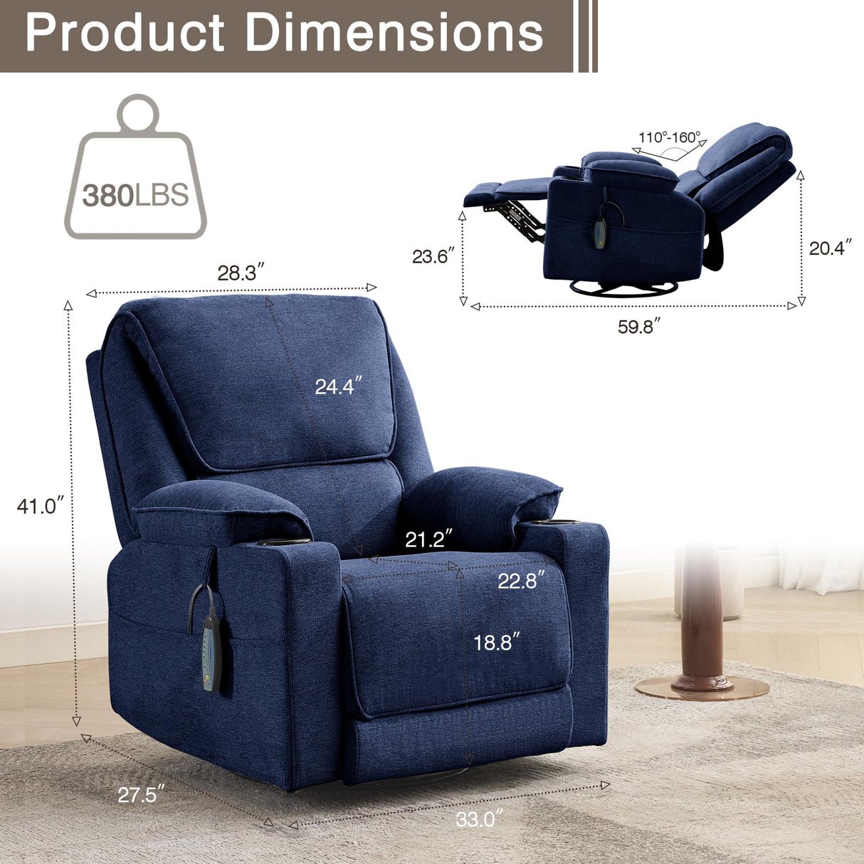LOUVIXA Swivel Glider Recliner Chair for Adults,Manual Recliner with Massage and Heat, Linen Cotton Fabric Ergonomic Lounge Chair with Cup Holder for Living Room, Bedroom, Nursery (Navy Blue) LOUVIXA