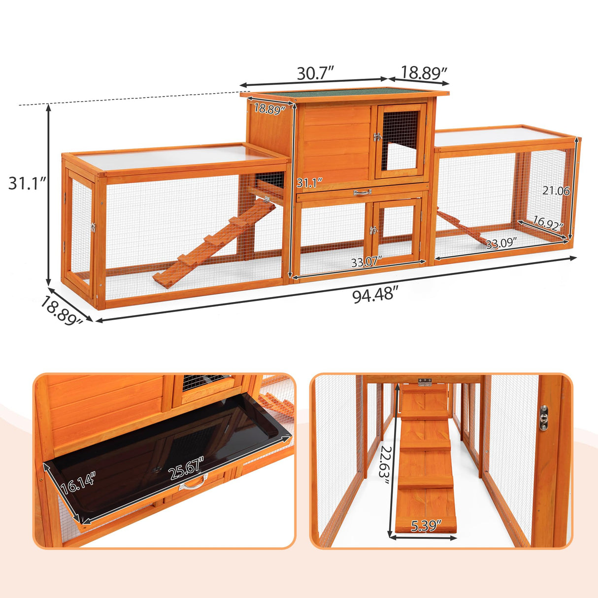 COZIWOW Extra Large Rabbit Hutch Bunny Cage Outdoor Indoor, 2-Story 94.5”L Wooden Bunny Hutch for 2 Rabbits, Big Rabbit Cage with Cleaning Tray & Waterproof Roof & Runs (Orange) COZIWOW