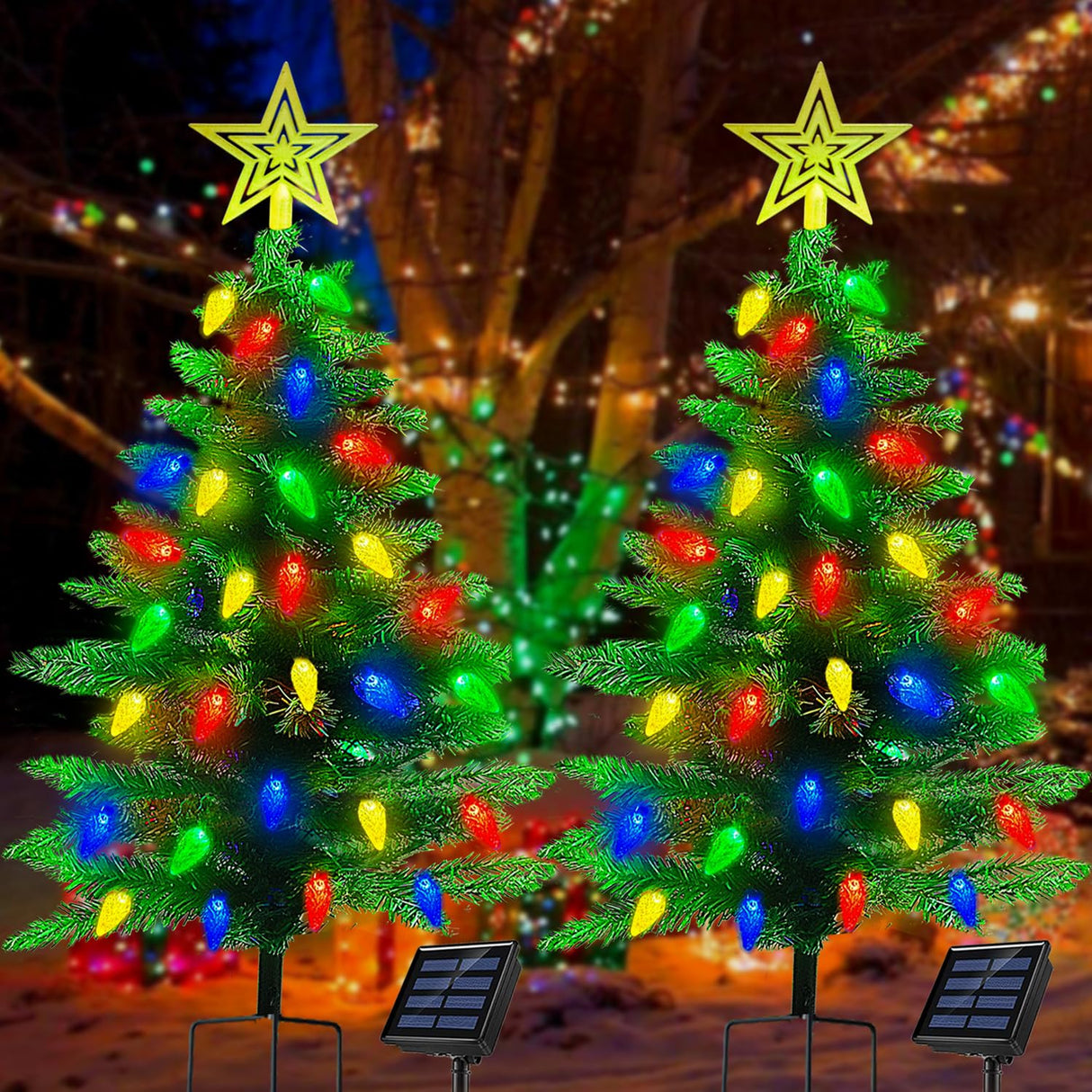 2-Pack 3.6FT Solar Christmas Tree Outdoor Christmas Decorations, 8 Modes Solar Xmas Tree Lights with 100 LED, Waterproof Solar Christmas Lights for Yard Front Porch Pathway Grave Cemetery Decor Ohwewant