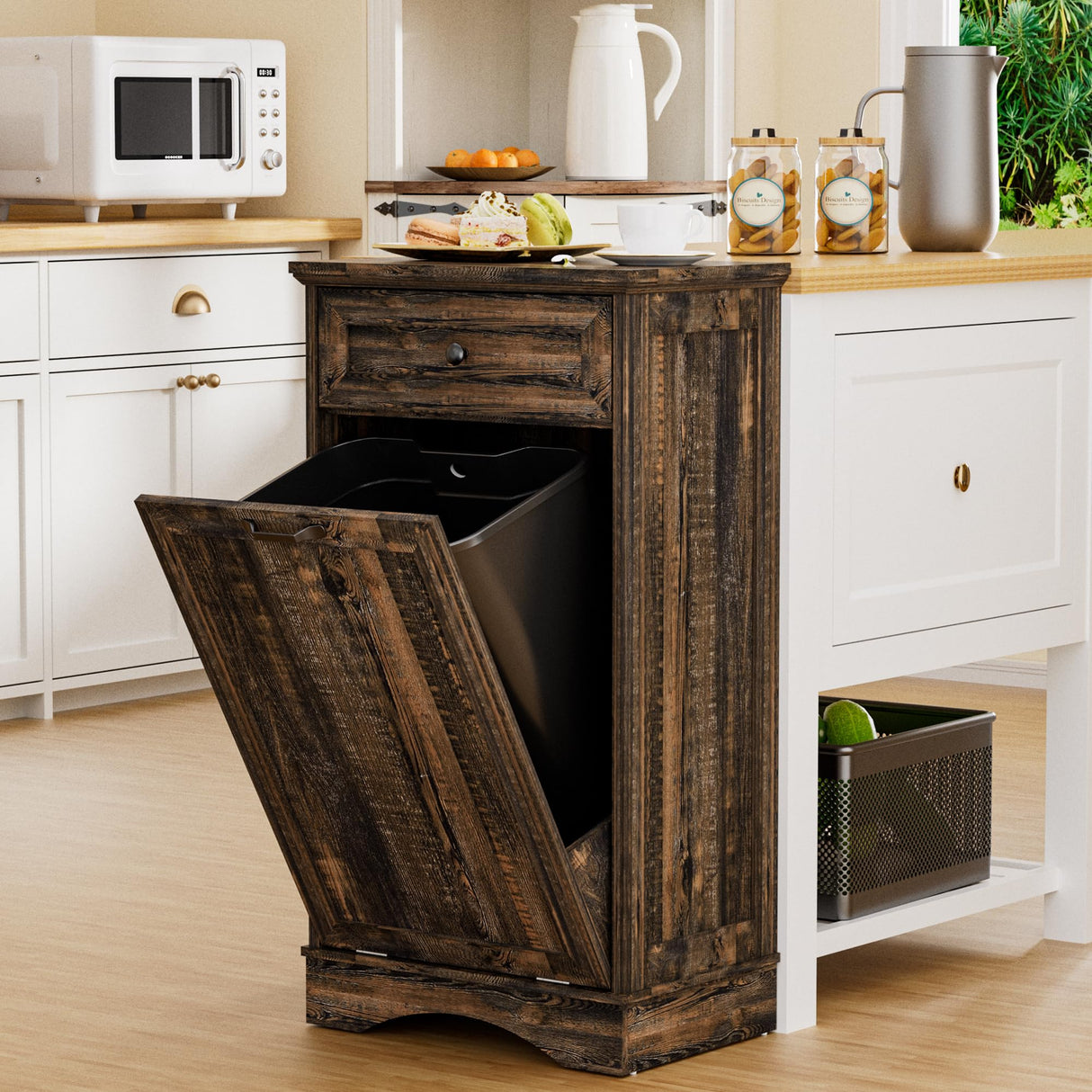 Ancohom Tilt Out Trash Cabinet 13 Gallon Wooden FreeStanding Waste Bins with Hideaway Drawer,Kitchen Island with Trash Can Storage(Rustic Black) Ancohom