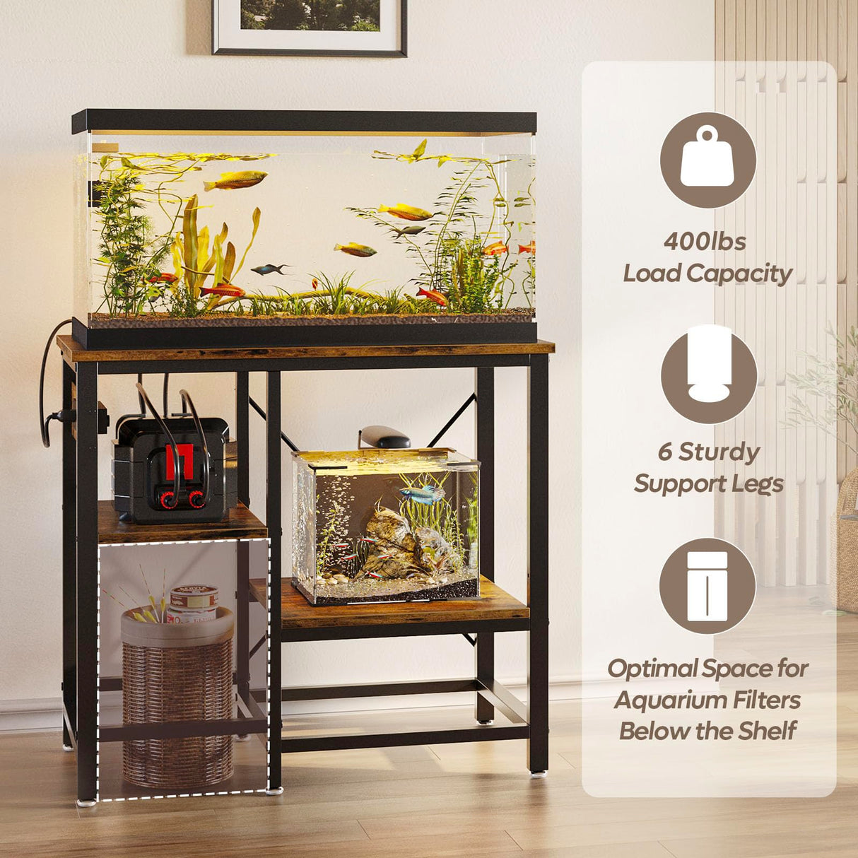 Bestier 20-29-37 Gallon Fish Tank Stand with Power Outlet, 30x13 Metal Aquarium Stand, 6-Leg Reptile Tank Stand with 3-Tier Adjustable Storage Shelves, 400LBS Capacity Bestier