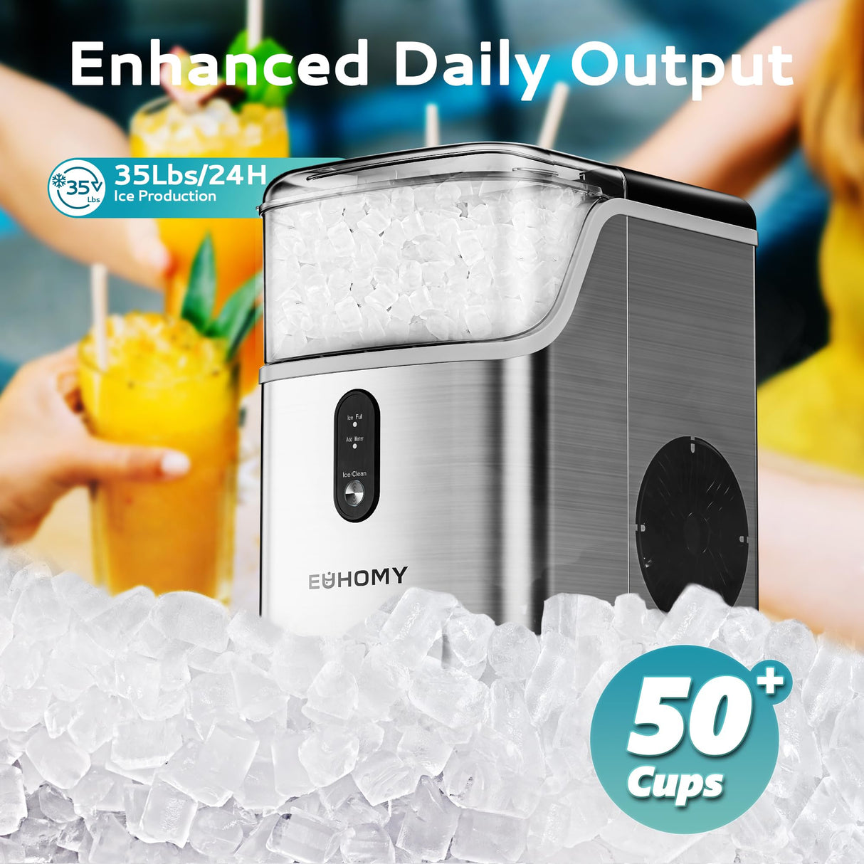 EUHOMY Nugget Ice Makers Countertop, Pebble Ice Maker Machine with 35lbs/24H Soft Ice, Self-Cleaning Sonic Ice Maker with Ice Scoop&Basket, Pellet Ice Maker for Home/Kitchen/Office(Stainless Steels) EUHOMY