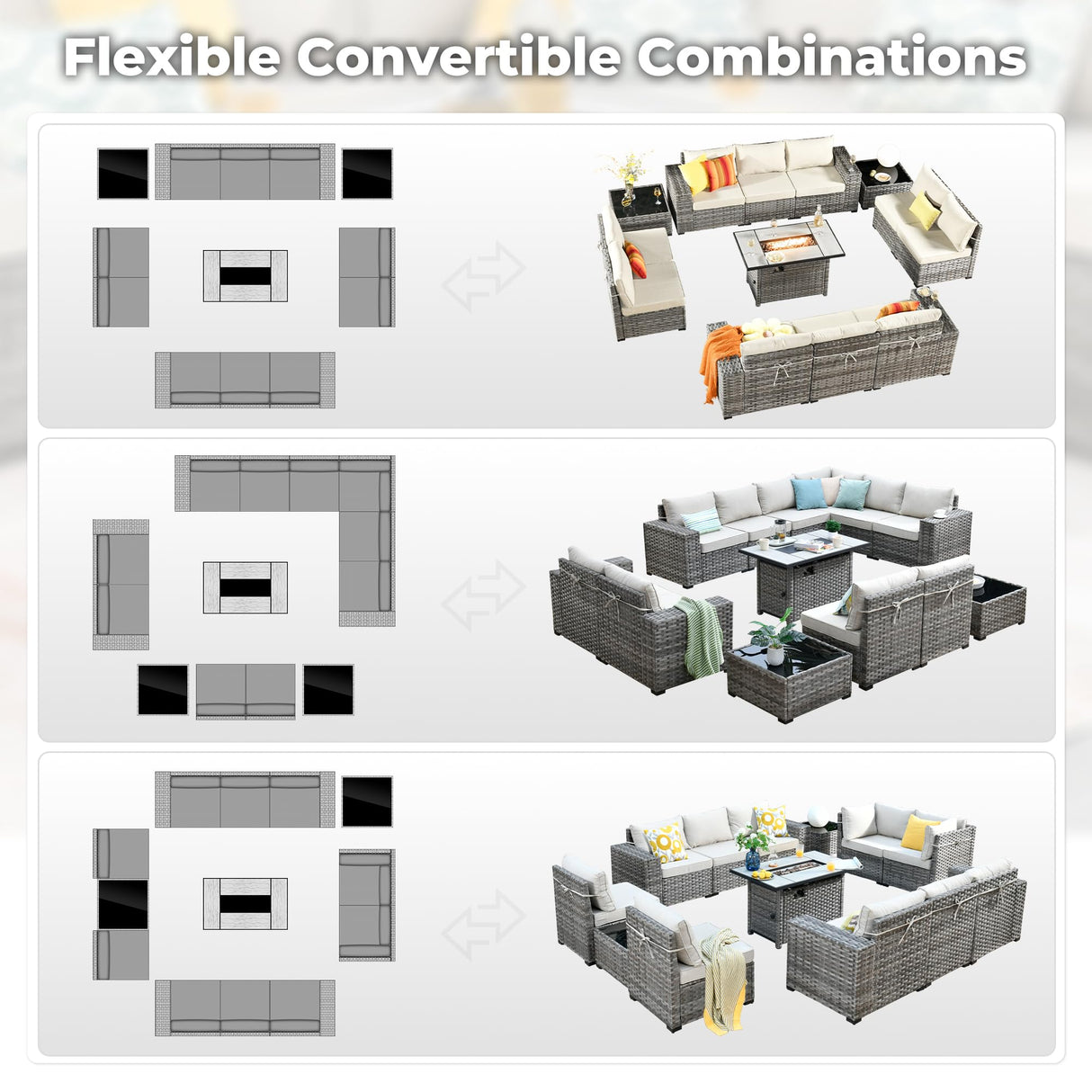 ovios 13 Pieces Patio Furniture Set, Outdoor Sectional Sofa with Rectangular Fire Pit Table, Wide Armrests and Deep Seat, Modern Modular Wicker Rattan Conversation Set, Beige ovios