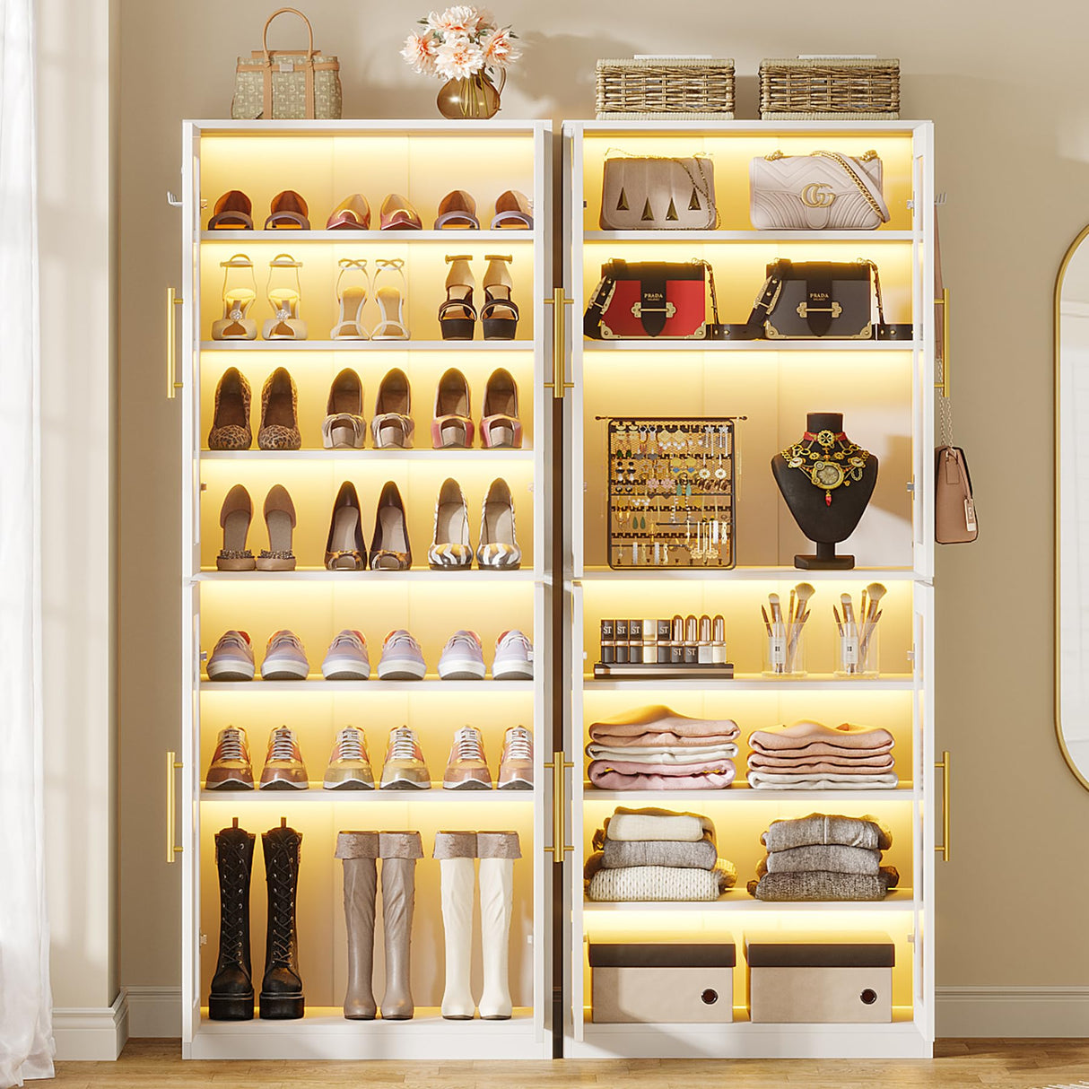 Tribesigns Tall Shoe Storage Cabinet with Acrylic Doors and LED Lights, 8-Tier Entryway Shoe Organizer Rack with Adjustable Shelves and Hanging Hooks for Narrow Closet, Hallway, Living Room, White Tribesigns