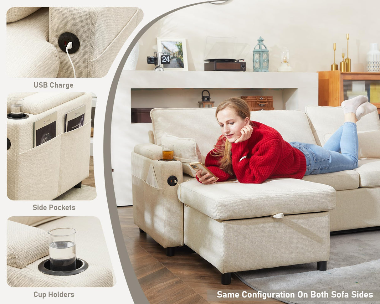 DURASPACE Sofa Bed Sleeper Pull Out 2 in 1 Sectional Sleeper Sofa Couches with Storage,USB, Cup Holder,Pullout Sectional Couches for Apartment Living Room (Beige) DURASPACE
