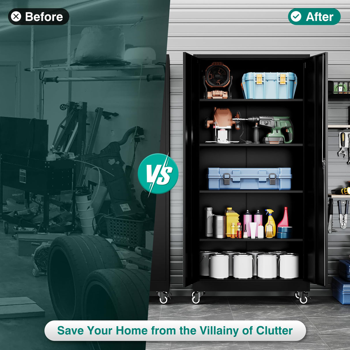 SISESOL Metal Storage Cabinet with Wheels,Rolling Garage Storage Cabinet with Lock,Black Metal Cabinet with Wheels and Shelves,Tool Cabinet,Tall Storage Cabinet on Wheels for Garage,Home,Office,Shop SISESOL