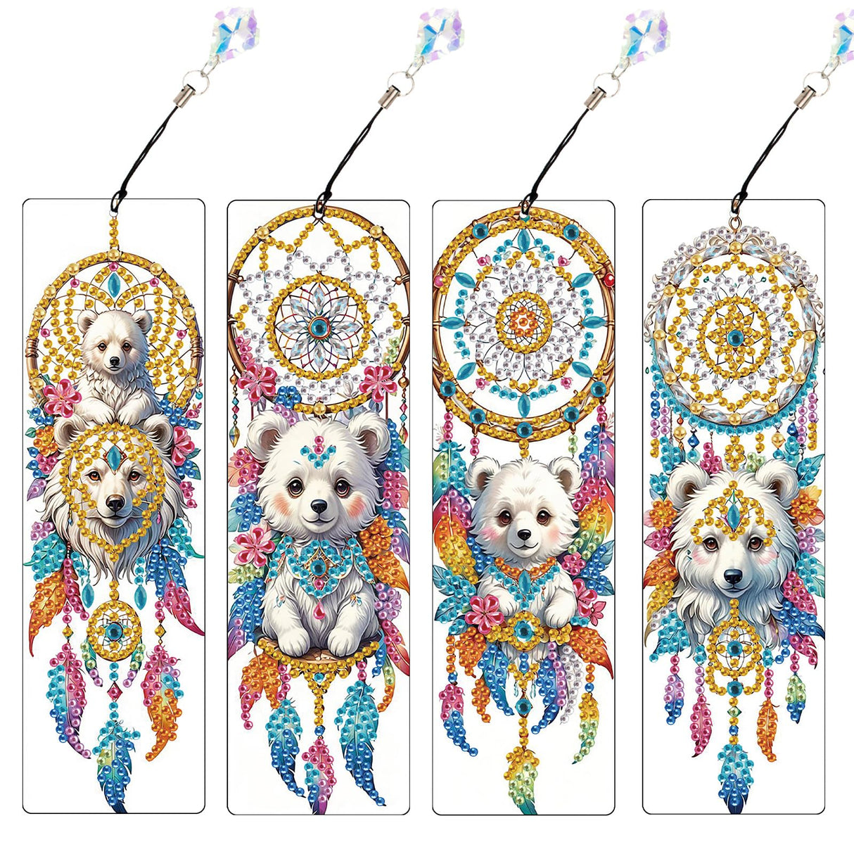 4 Pcs Diamond Painting Bookmarks, White Bear and Lion Dreamcatcher DIY Diamond Art Kits for Adults, Rhinestone Drill Crafts Bookmarks with Tassel for Graduation Birthday Gifts AiYuanzsh
