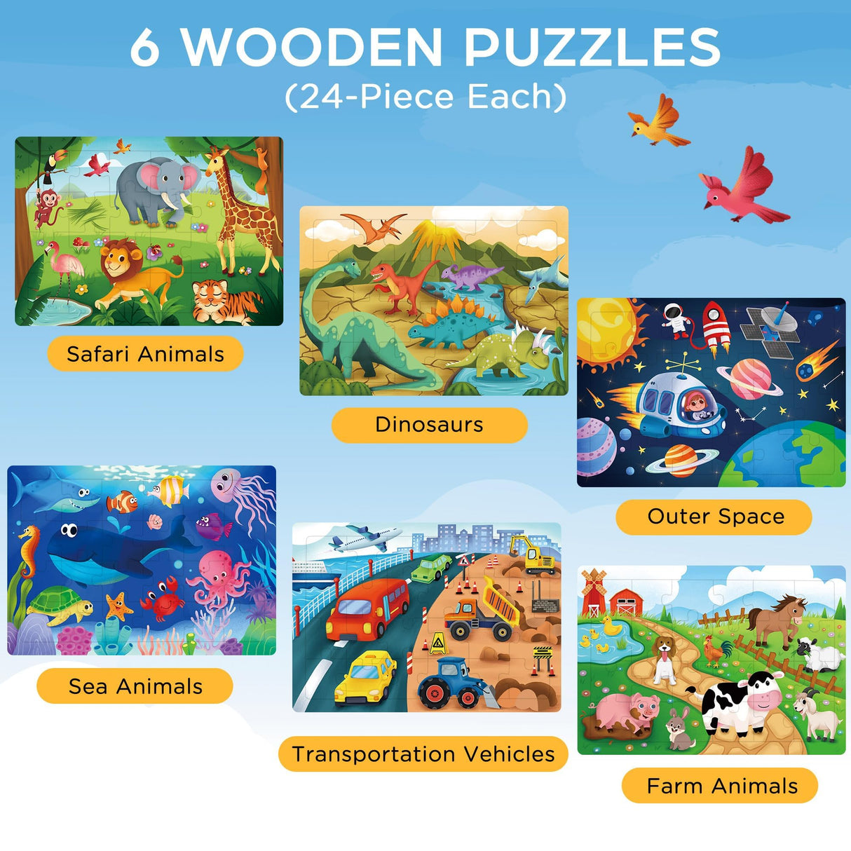 BenBen Puzzles for Kids Ages 4-6, 6 Pack 24 Piece Wooden Jigsaw Puzzles for Toddlers Ages 3-5, Preschool Learning Educational Toys for Boys Girls BenBen