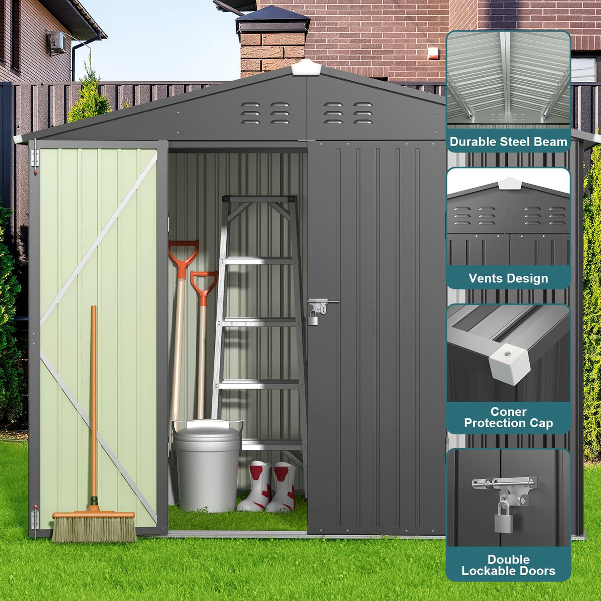 Gizoon Outdoor Storage Shed 8 x 6 FT, Galvanized Metal Garden Shed with Double Lockable Doors, Outdoor Storage Clearance for Backyard Patio Lawn-Dark Grey Gizoon