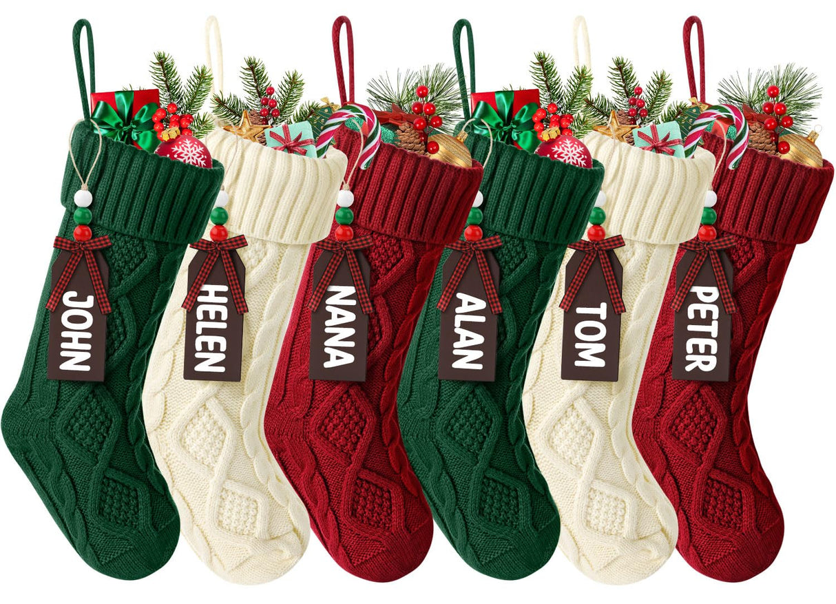 Hommtina Christmas Stockings, Personalized Christmas Stockings 18 Inches Large Size Cable Knitted Stocking Gifts (6pcs White&red&Green) Hommtina