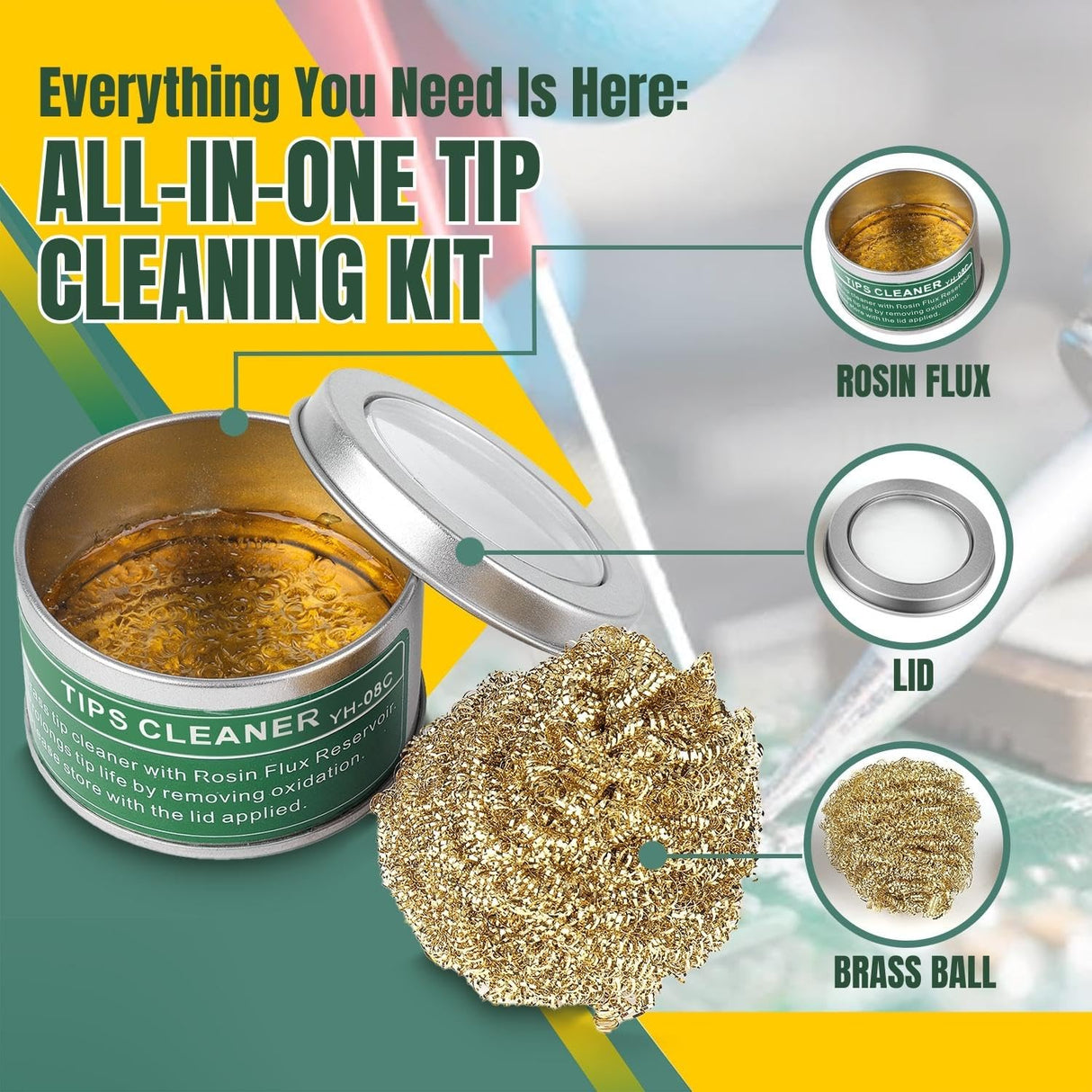 Flexzion Soldering Iron Tip Cleaner, Soft Coiled Brass Wire Sponge Stainless Steel Holder with Rosin Flux Flexzion