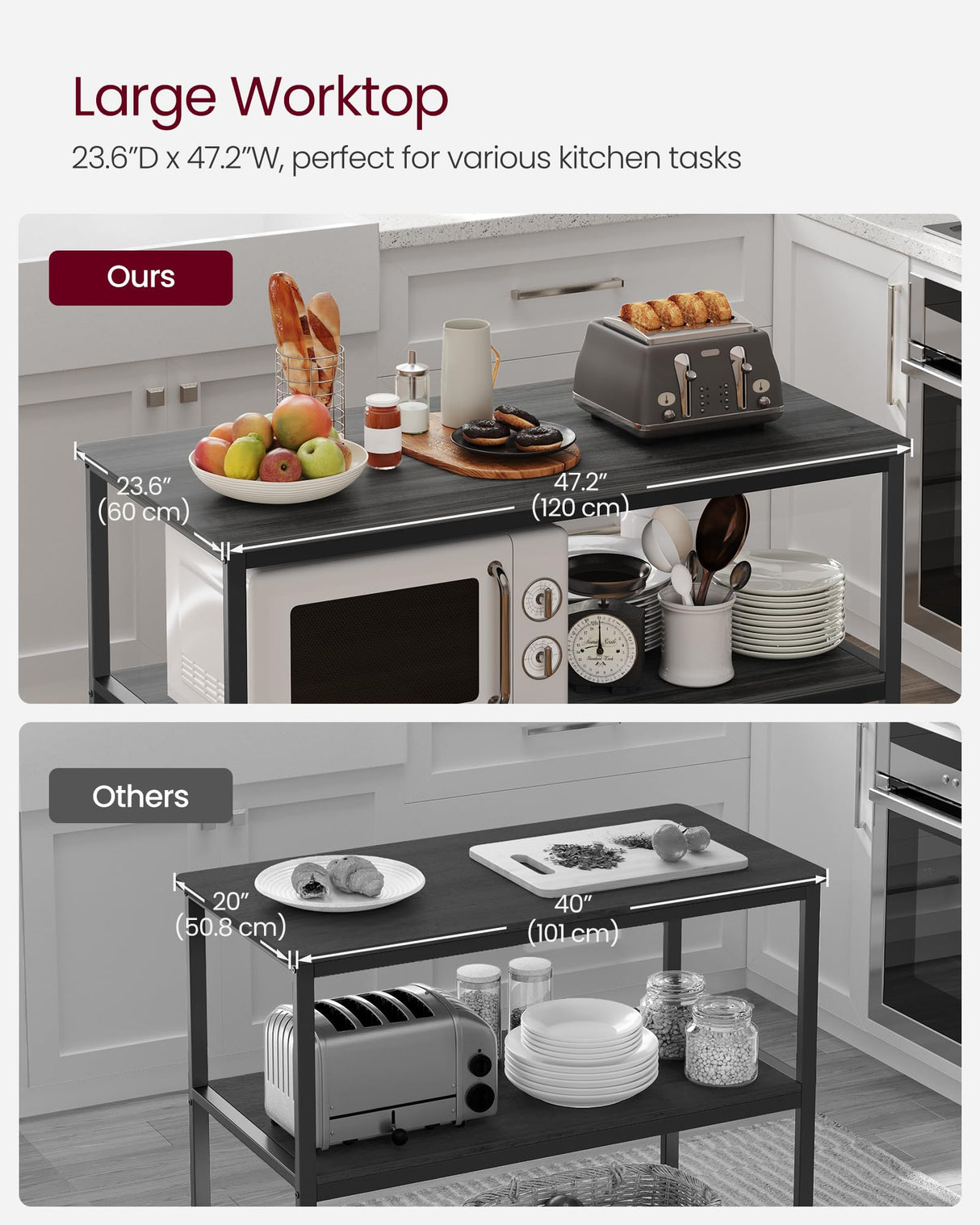 VASAGLE Kitchen Island with 3 Shelves, 47.2 Inches Width Kitchen Shelf with Large Worktop, Stable Steel Structure, Industrial, Easy to Assemble, Ebonised Oak and Black UKKI001B42 VASAGLE