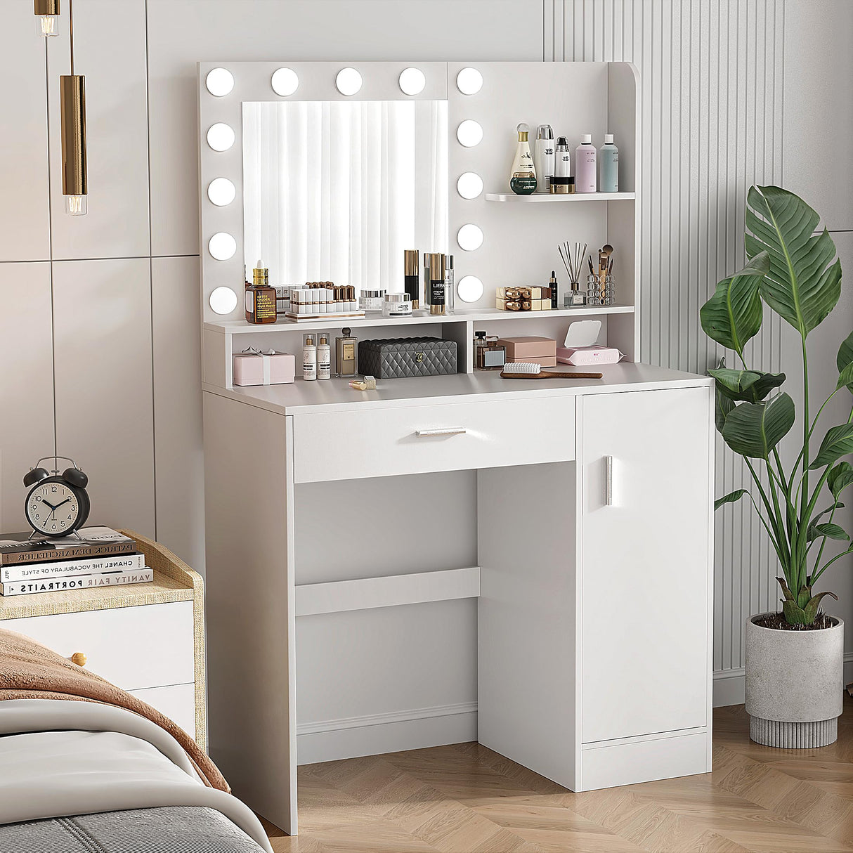Vanity Desk with Mirror & Lights, White Makeup Desk with Drawers & Cabinet, 3 Lighting Modes & 10 Brightness, Vanity for Bedroom & Dressing Room Decofy