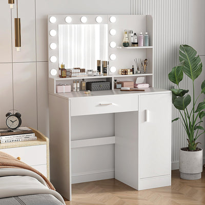 Vanity Desk with Mirror & Lights, White Makeup Desk with Drawers & Cabinet, 3 Lighting Modes & 10 Brightness, Vanity for Bedroom & Dressing Room