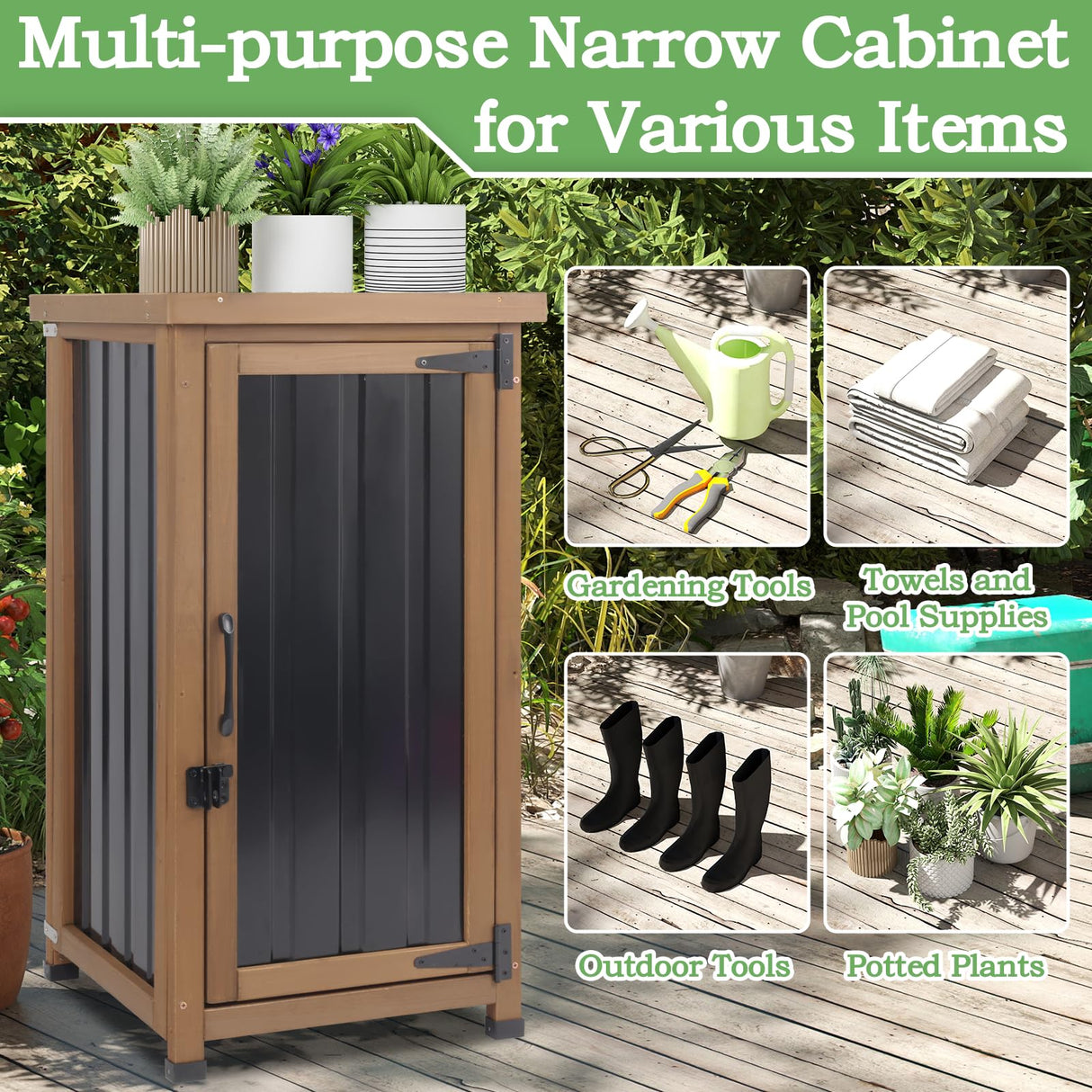 Outdoor Storage Cabinet Waterproof with Metal Top, Wooden Potting Bench Table Tool Organizer with Adjustable Shelf for Patio Backyard Garden PetsCosset