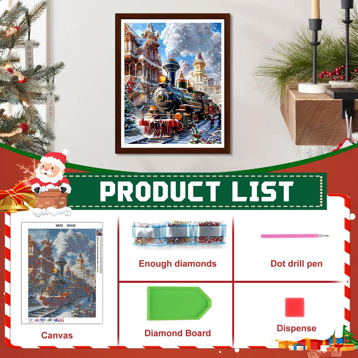 EMIEAUFG Christmas Diamond Art Kits for Adults, Christmas Train Diamond Paiting Kit for Beginners, 5D DIY Round Full Drill Craft Diamond Dot Gem Art, Home Wall Decor 12" x 16" EMIEAUFG