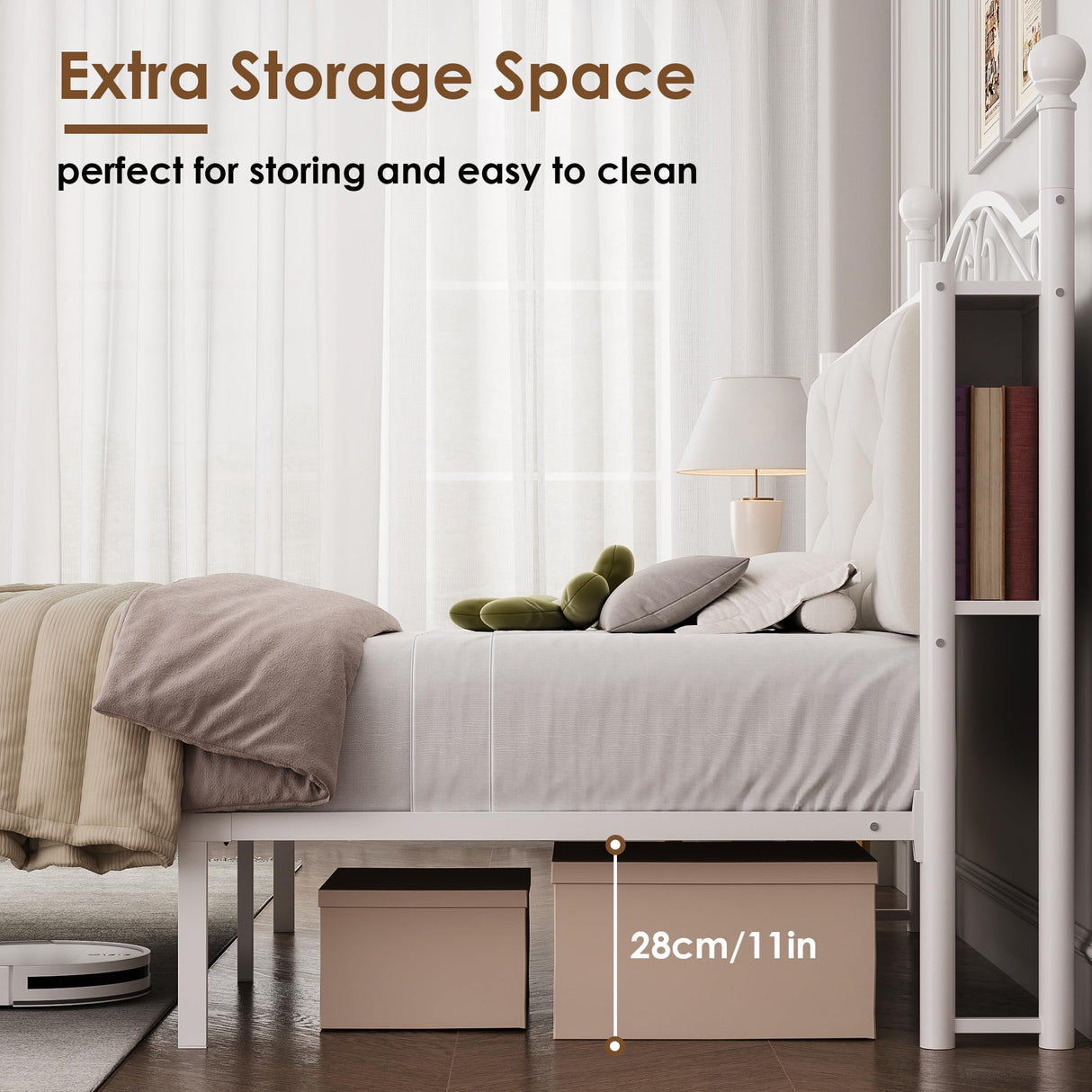 Full Upholstered Canopy Bed Frame with 2 Drawers & Crystal Tufted Storage Headboard Metal Platform Bed with Charging Station & 4 Removable Posts No Box Spring Needed Curtain Not Included, Beige Keyluv