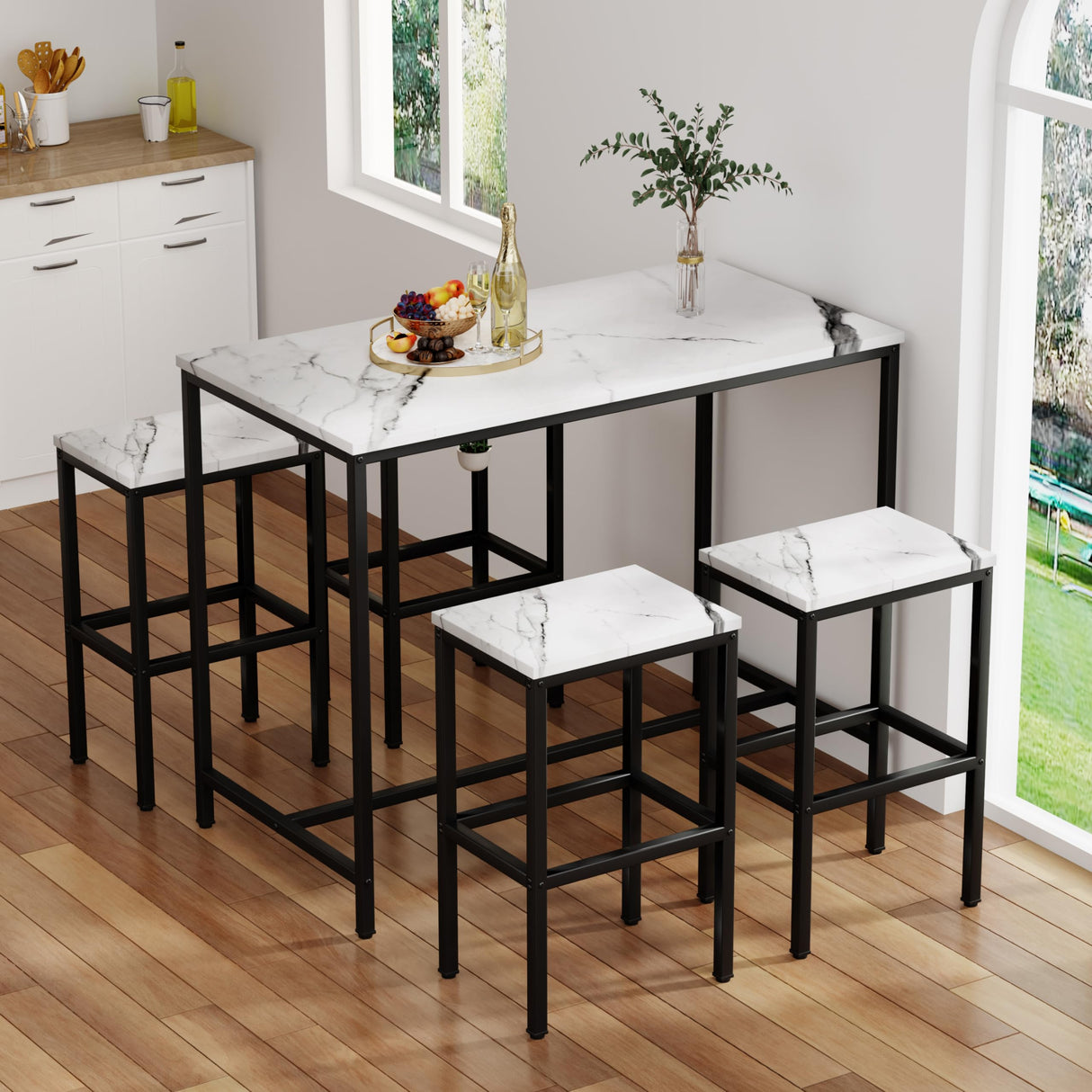 Yongchuang Modern 5 Piece Bar Table Set with White Faux Marble Top and 4 Backless Stools Yongchuang
