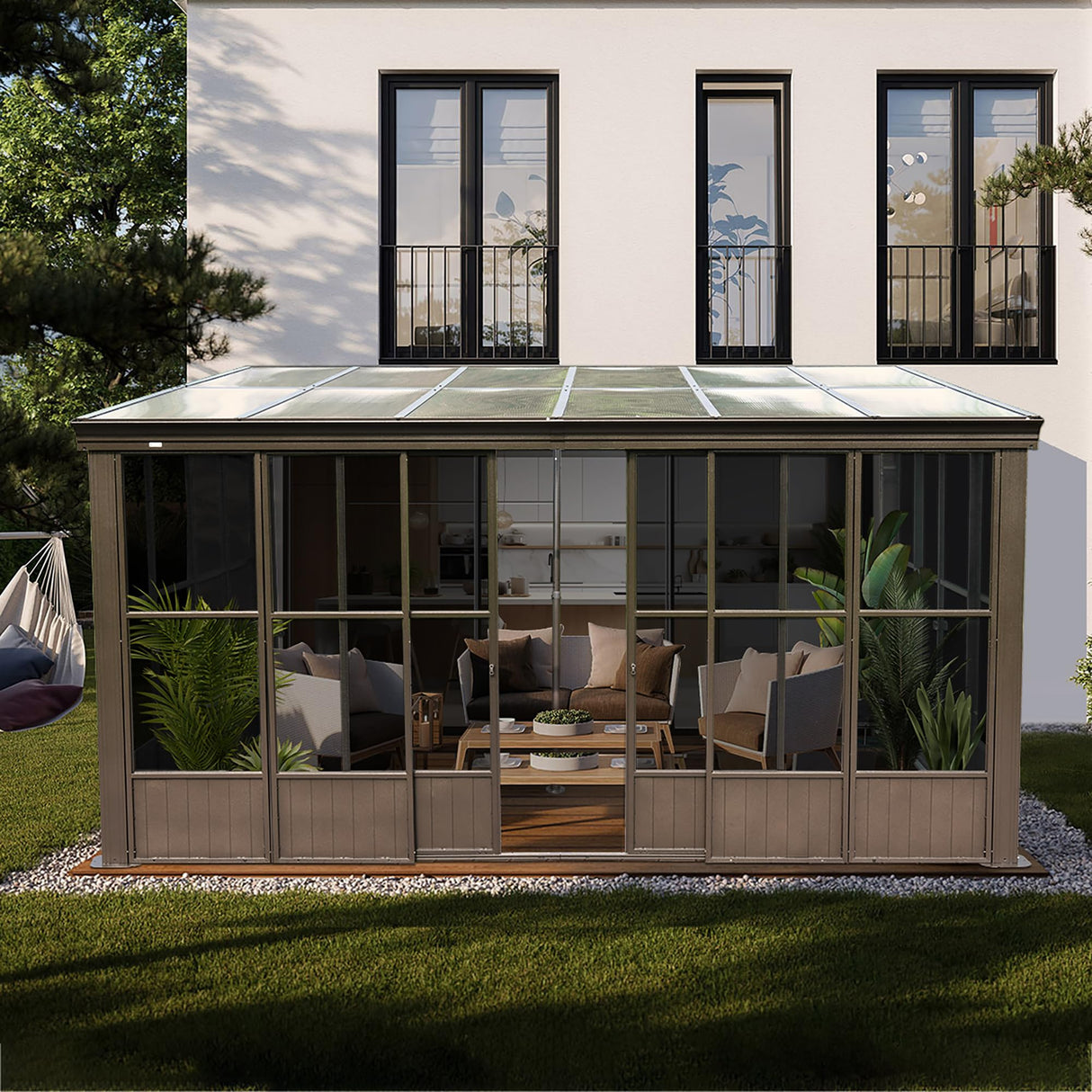 Domi Lean-to Sunroom 12x14FT, Wall Mounted Solarium with Sloping Polycarbonate Roof, Detachable Polycarbonate Screens, 2 Lockable Sliding Doors, Aluminum Gazebo Against Wall Sun Room for Patio Deck domi outdoor living