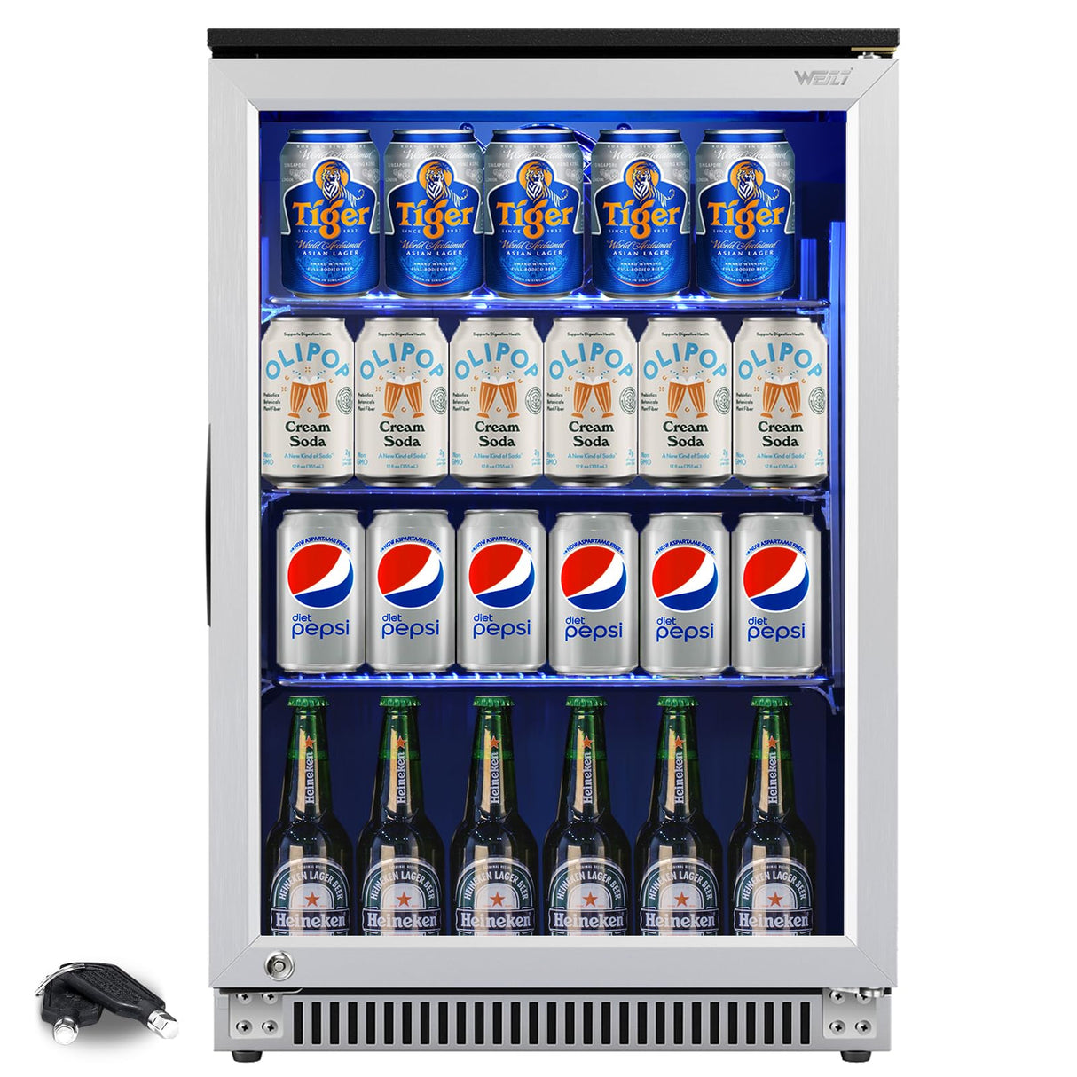 Weili 20 Inch Built in Beverage Refrigerator with Lock, Under Counter or Freestanding 120 Can Soda Beer Drink Cooler Fridge with Stainless Steel and Glass Door Weili