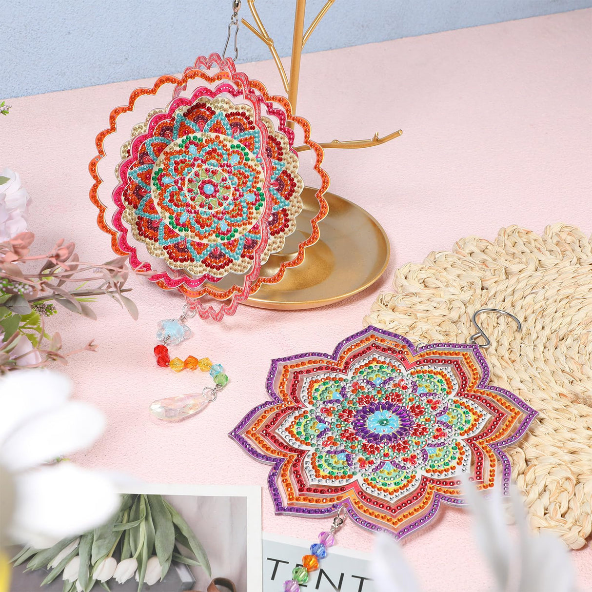 Queekay 2 Pieces 3D Diamond Painting Wind Chime Diamond Art Suncatcher Kits Three Dimensional by Number Hanging Ornament Double Sided Crystal Suncatcher Window Decor for Home Wall Garden(Flower) Queekay