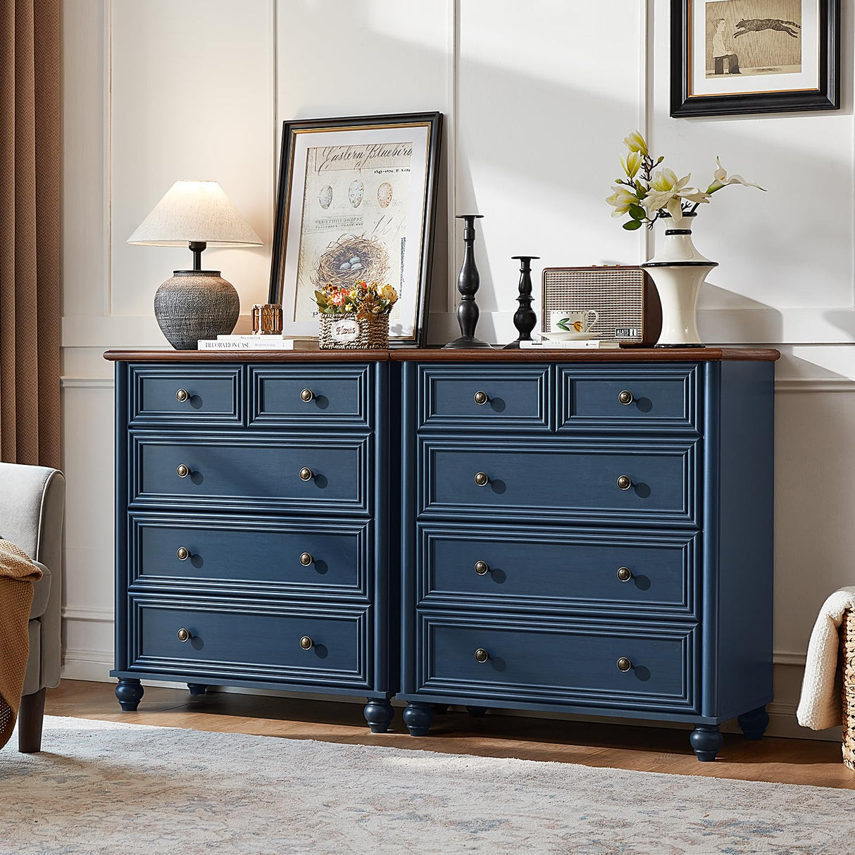 RWYHG Farmhouse 5 Drawer Dresser for Bedroom, 35.5" Tall Small Dressers & Chest of Drawers, Rustic Wood Dresser with Roman Column, Storage Organizer for Living Room, Hallway, Closet (Blue) RWYHG