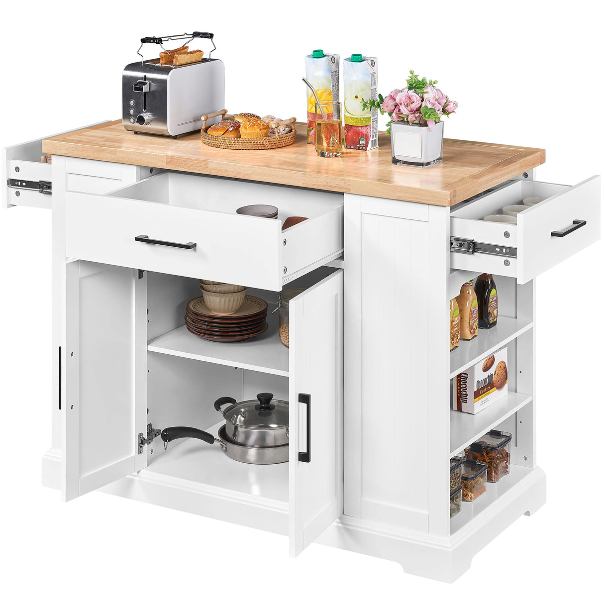 Yaheetech Rolling Kitchen Island Cart with 3 Drawers, Kitchen Storage Cabinet on Wheels with Open Shelves and Inner Adjustable Shelves for Dining Room/Living Room, Thicker Rubberwood Top, White Yaheetech