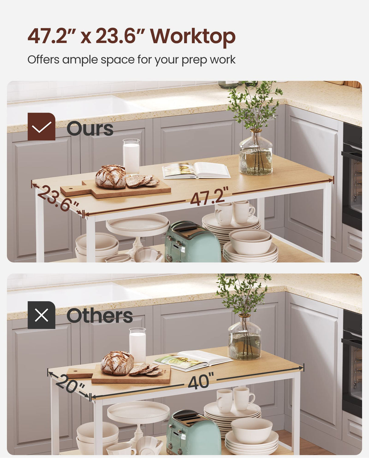 VASAGLE Kitchen Island with 3 Shelves, 47.2 Inches Width Kitchen Shelf with Large Worktop, Stable Steel Structure, Industrial, Easy to Assemble, Oak Color and White UKKI001W09 VASAGLE