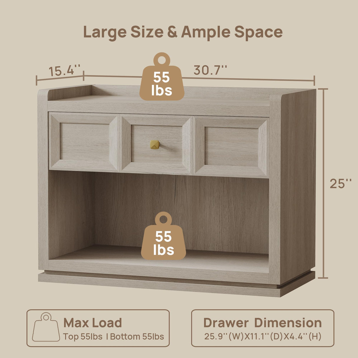 SICOTAS 31" Wide Nightstands Set of 2, Large Night Stands with Drawer, Oversized King Size Nightstand Bedside Table for Bedroom, Farmhouse End Side Table Set of 2 with Round Corners,Grey White Oak SICOTAS