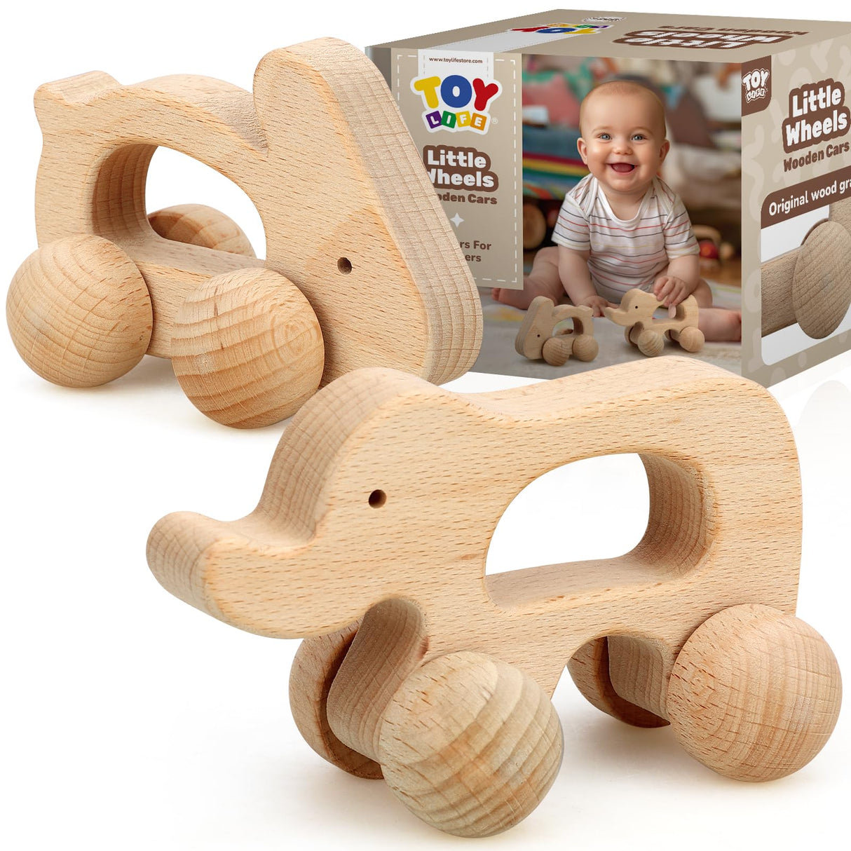 TOY Life Wooden Toys Cars, Animal Wooden Cars, Montessori Toys for Babies 0-6-12 Months, Wooden Baby Toys for 1 Year Old Boy Christmas Birthday Gift, Baby Boy Nursery Decor, Elephant & Rabbit Toy Car TOY Life