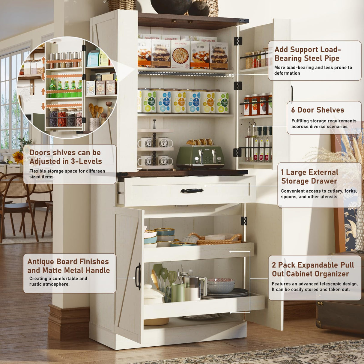 71" Tall Kitchen Pantry Cabinet with 3 Drawers, Farmhouse Storage Cabinet with 6 Barn Door Shelves,with Load-Bearing Steel Pipe and Adjustable Shelves,Pantry Organizer for Kitchen,Living Room(White) jiteentarou