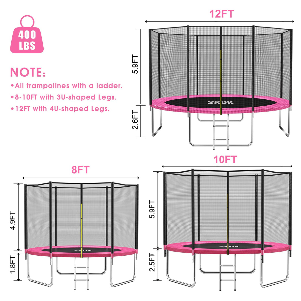 SKOK Trampoline 12FT Trampolines with Enclosure Net, 400LBS Outdoor Trampolines for Kids -ASTM Approved Pink Trampoline for Children and Adults with Jump Mat,Cover & Ladder SKOK