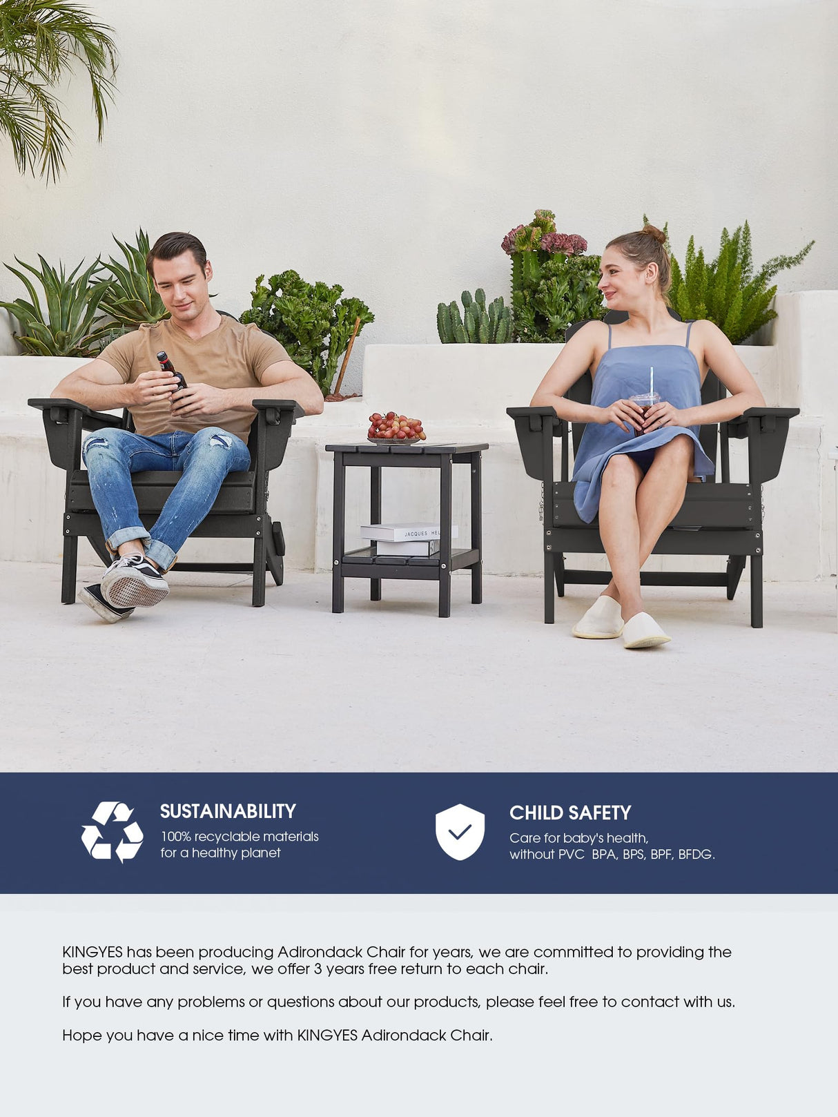 KINGYES Folding Adjustable Backrest Adirondack Chair with Cup Holder, Oversized Weather Resistance Adirondack Chair, HDPE Reclining Adirondack Chair for Adult, Black KINGYES