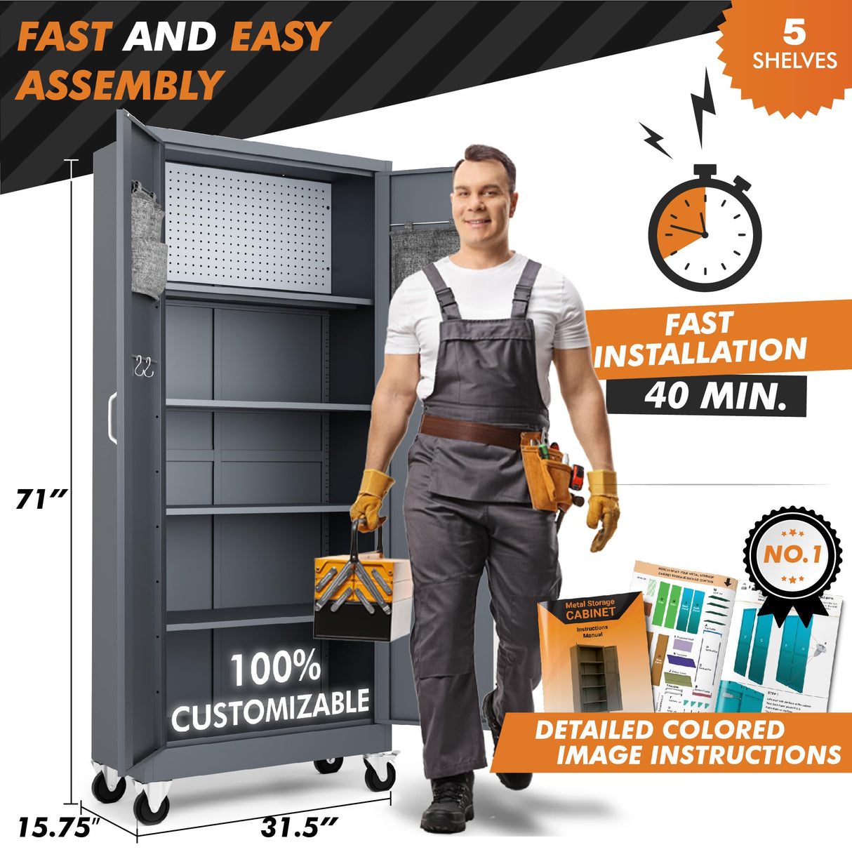 METALTIGER Metal Storage Cabinet with Wheels - Garage Storage Cabinet with Locking Doors | Digital Lock | 72" Rolling Tool Storage Cabinet (Dark Gray) METALTIGER