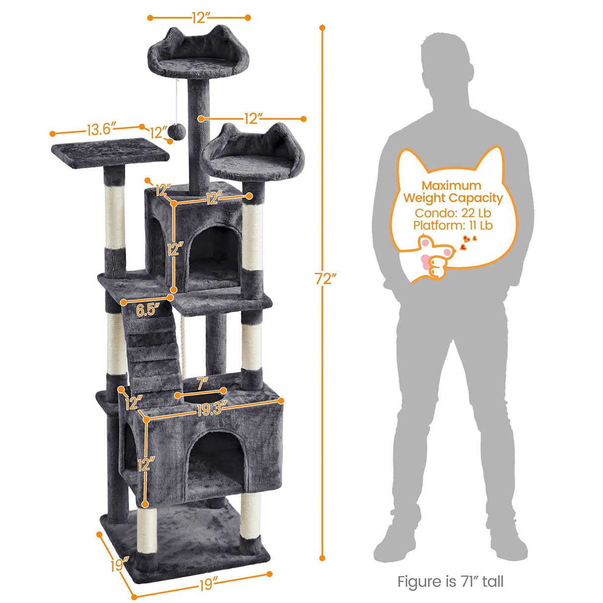 Yaheetech XL Cat Tree, 72in Multi-Level Cat Tower with 2 Cozy Caves, 3 Soft Perches, Scratching Posts, Board, and Dangling Ball, Cat Furniture Cat Play House Kittens, Dark Gray Yaheetech