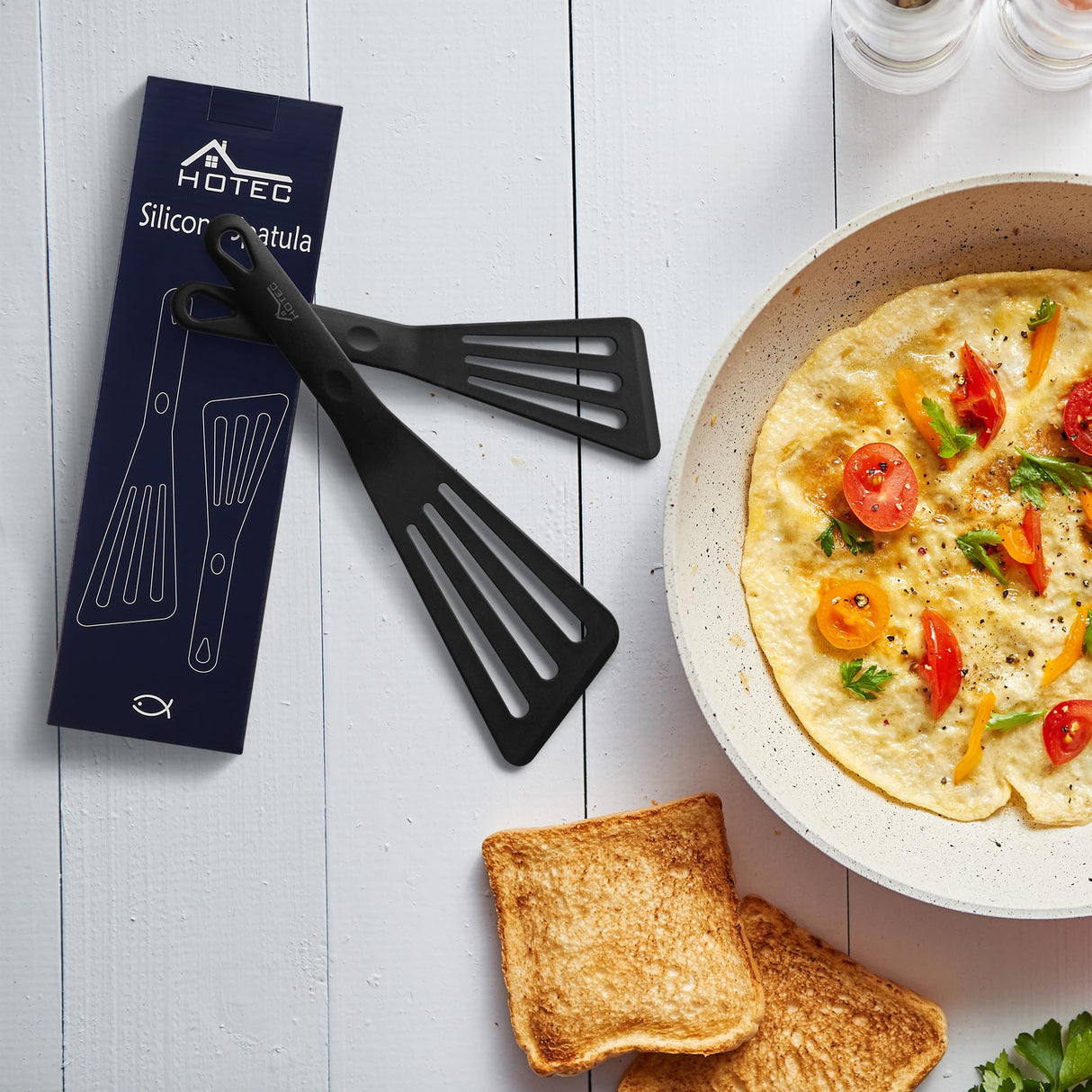 HOTEC Heat Resistant Silicone Slotted Fish Turner Spatula Set, Flipper Cooking Spatulas, for Non Stick Cookware Dishwasher Safe, Black HOTEC